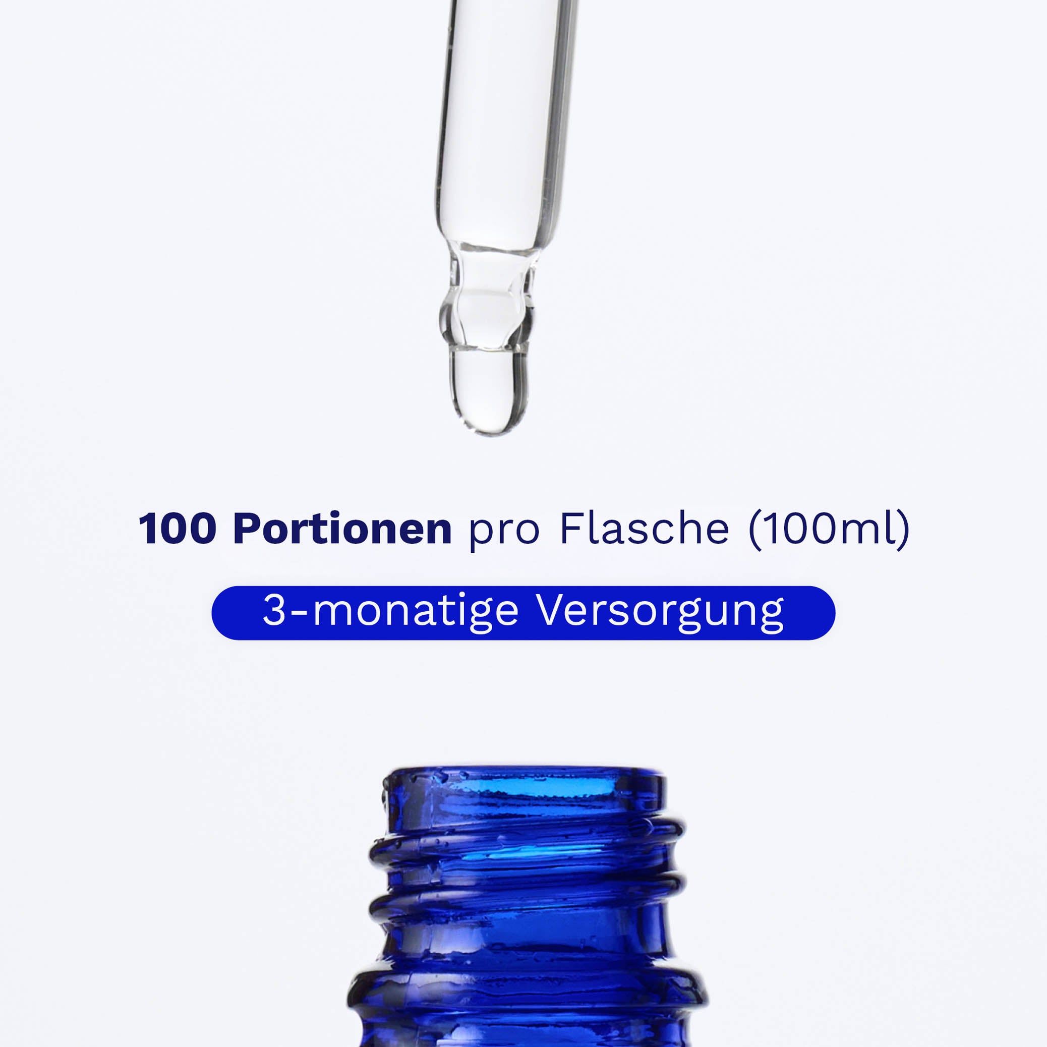 Tropfer über einer blauen Glasflasche. Text: 100 Portionen pro Flasche (100ml), 3-monatige Versorgung.