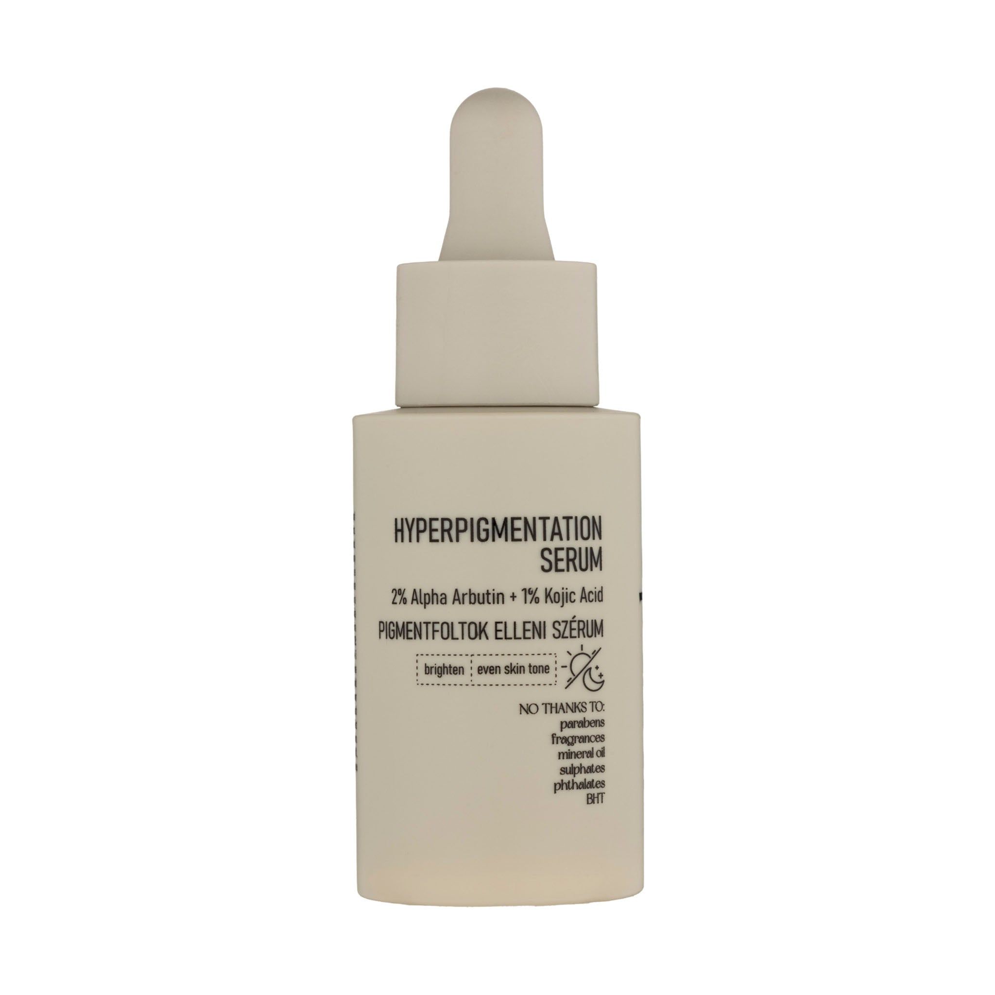 Flasche mit Hyperpigmentierungs-Serum mit 2% Alpha-Arbutin + 1% Kojisäure.