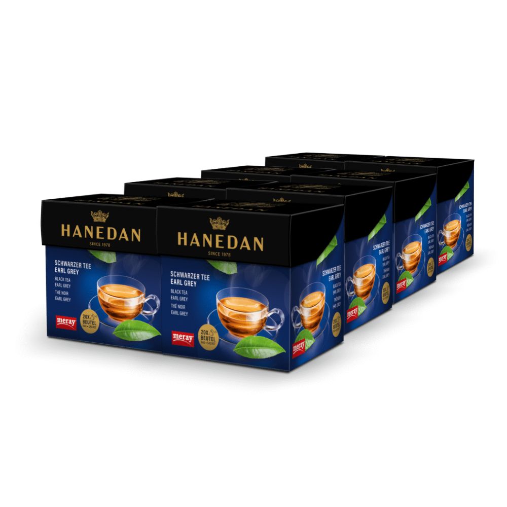 Mehrere Kartons MERAY Hanedan Schwarzer Tee Earl Grey. Schwarze Schachteln mit Produktabbildung und Schriftzug. Aufschrift: Earl Grey.