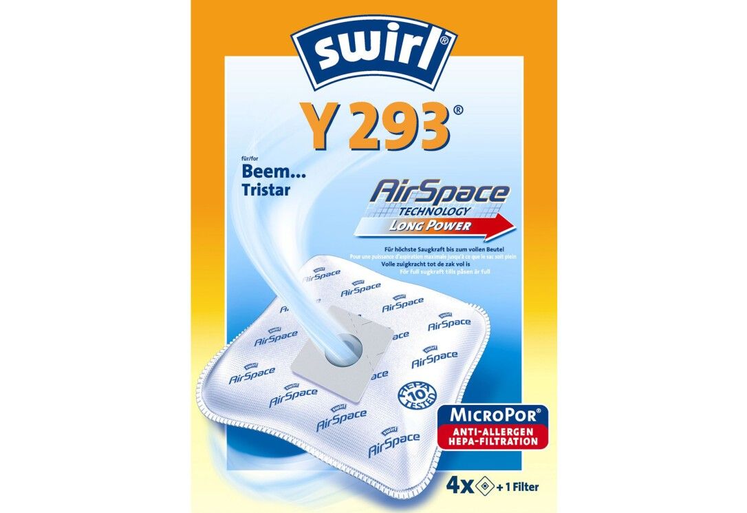 Staubsaugerbeutel-Packung. Enthält 4 Beutel und 1 Filter. Aufdruck: Swirl Y 293 AirSpace. MicroPor Anti-Allergen HEPA-Filtration.