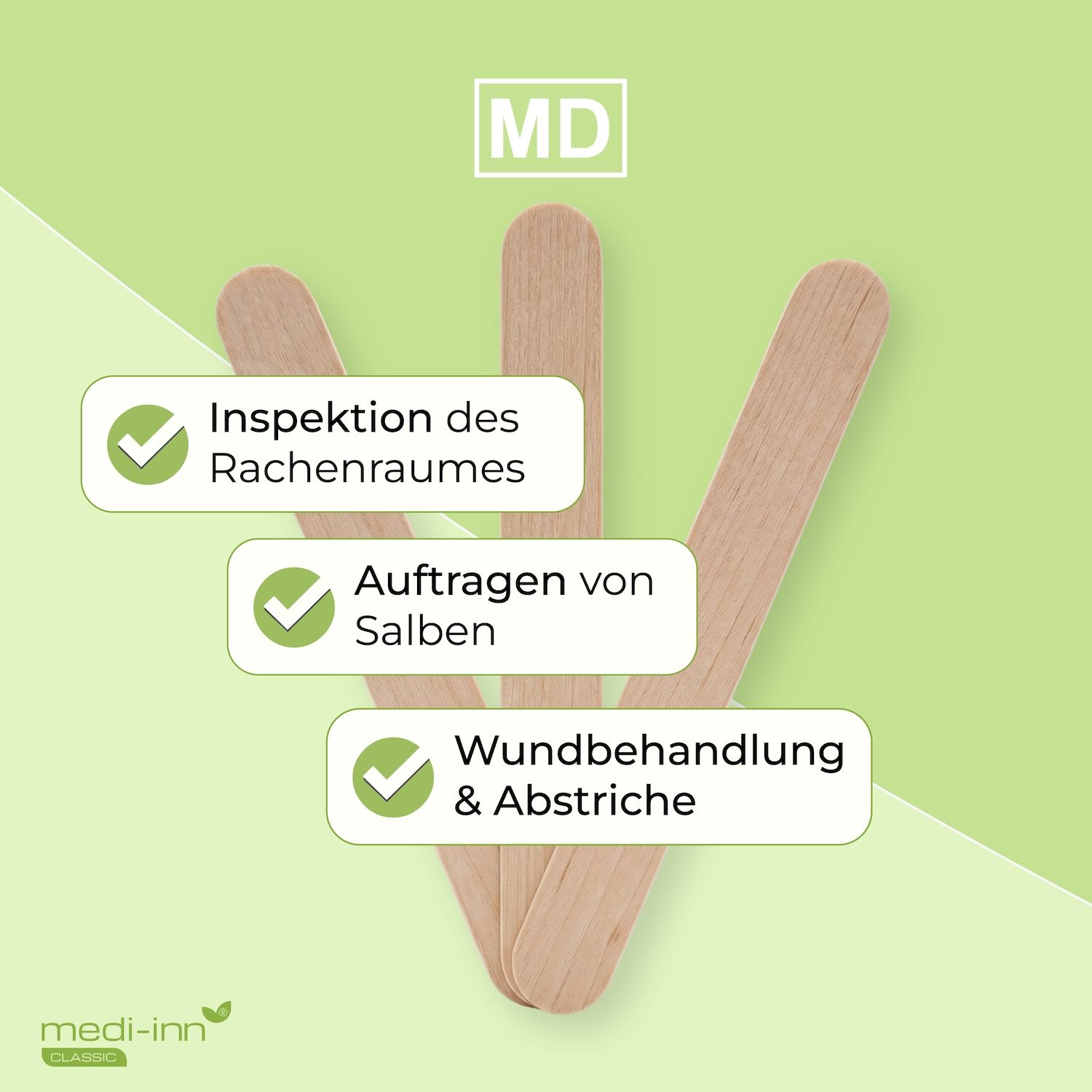 Drei hölzerne Mundspatel. Für Inspektion, Salbenauftrag, Wundbehandlung.