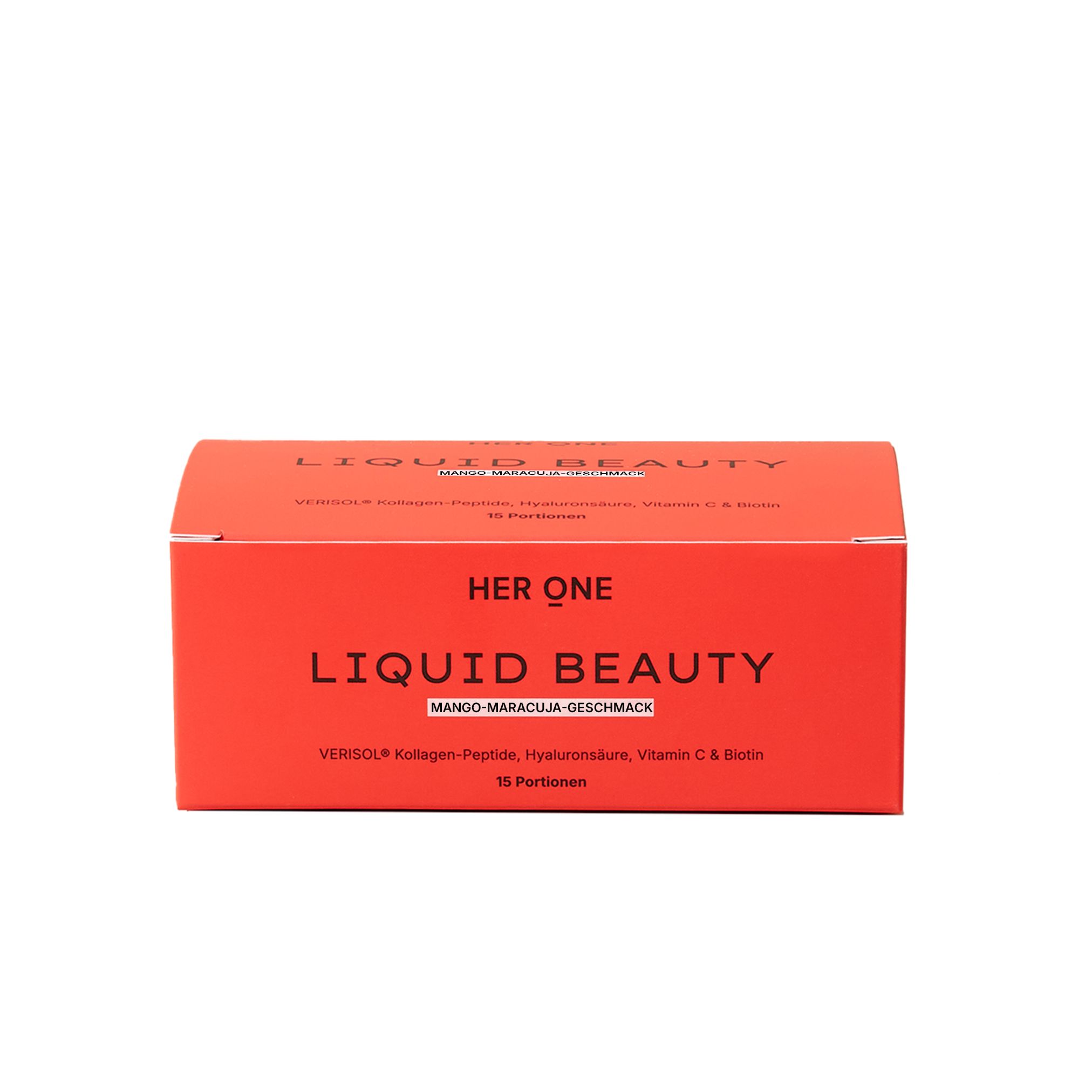 Rote Produktverpackung mit Aufschrift HER ONE LIQUID BEAUTY Mango-Maracuja-Geschmack. Enthält 15 Portionen.