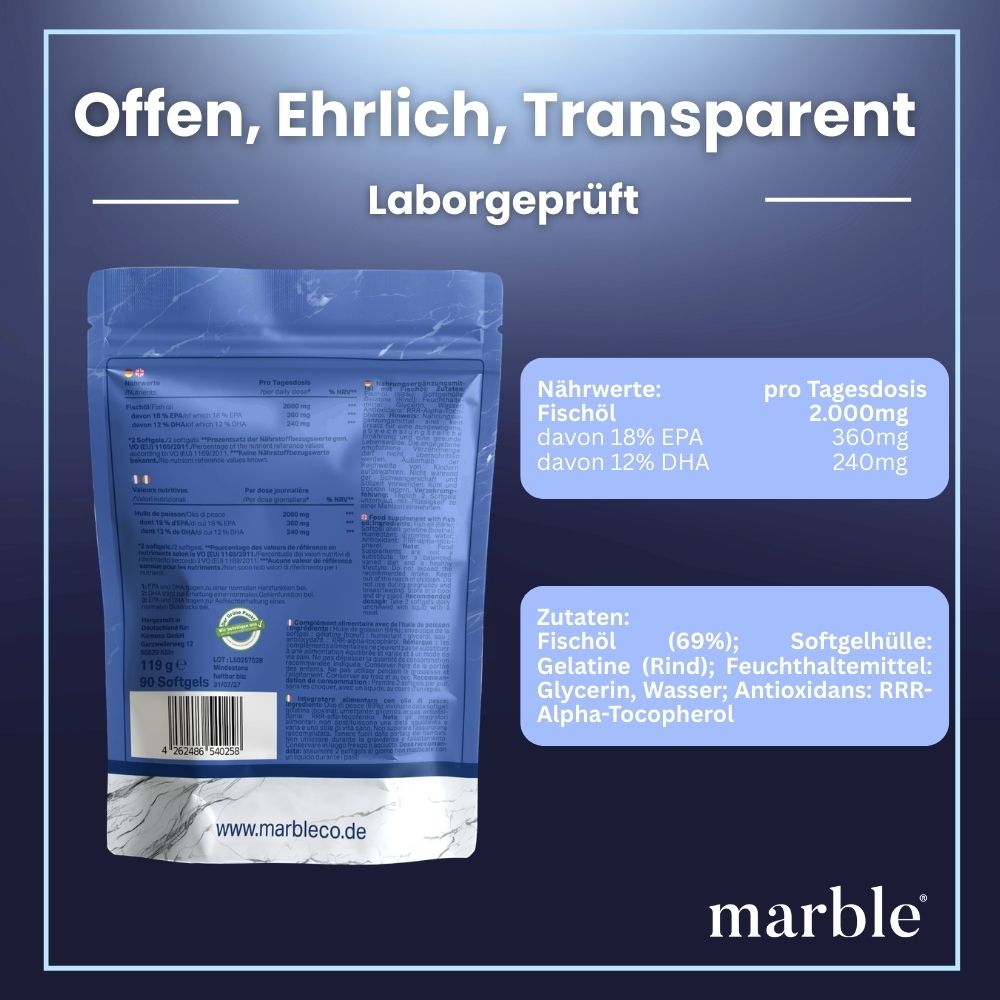Rückseite der marble® Omega-3 Fischöl Verpackung. Text: Nährwerte, Zutaten, 90 Softgels. Marke: marble.co. Laborgeprüft.