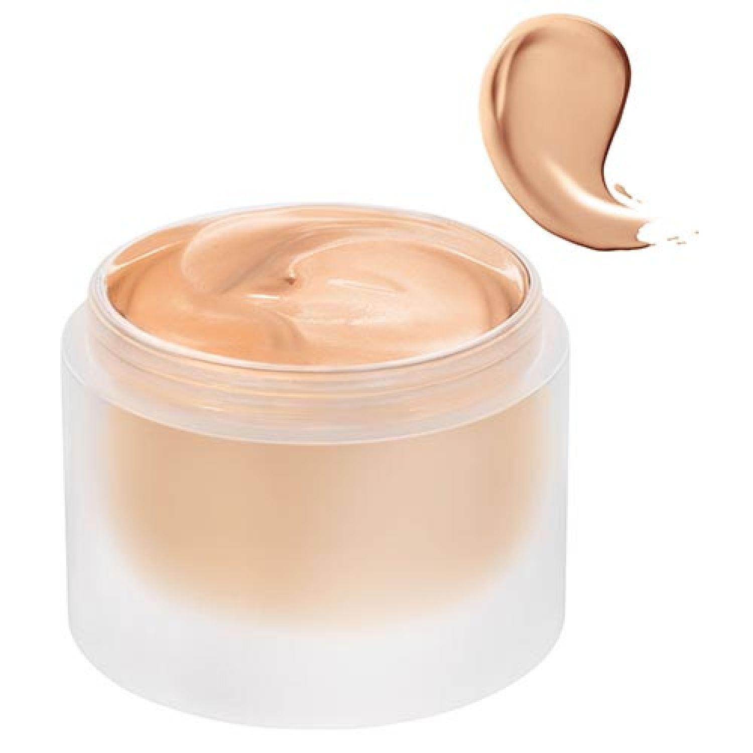Beige Creme in einem Glasbehälter. Daneben ein Farbmuster in Tropfenform.