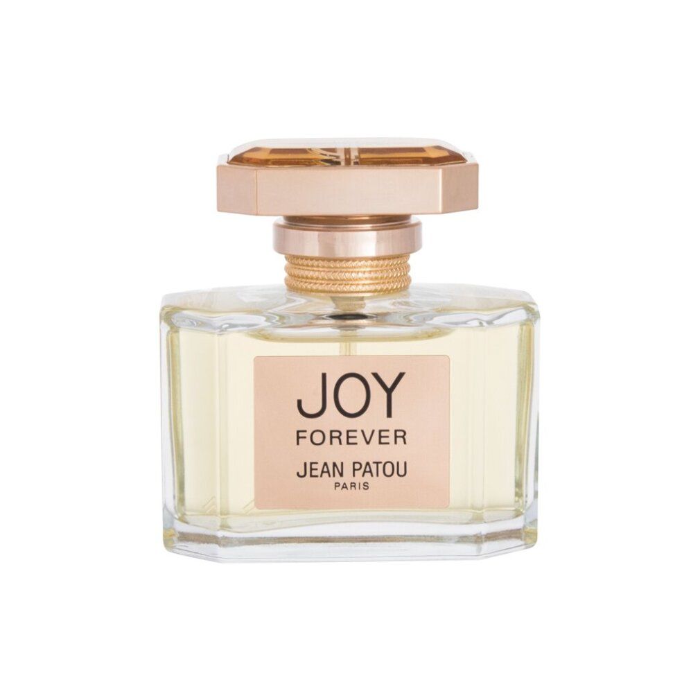 Parfümflakon. Aufschrift: JOY FOREVER JEAN PATOU PARIS. Flakon mit goldfarbenem Verschluss. Rechteckige Form, durchsichtig.