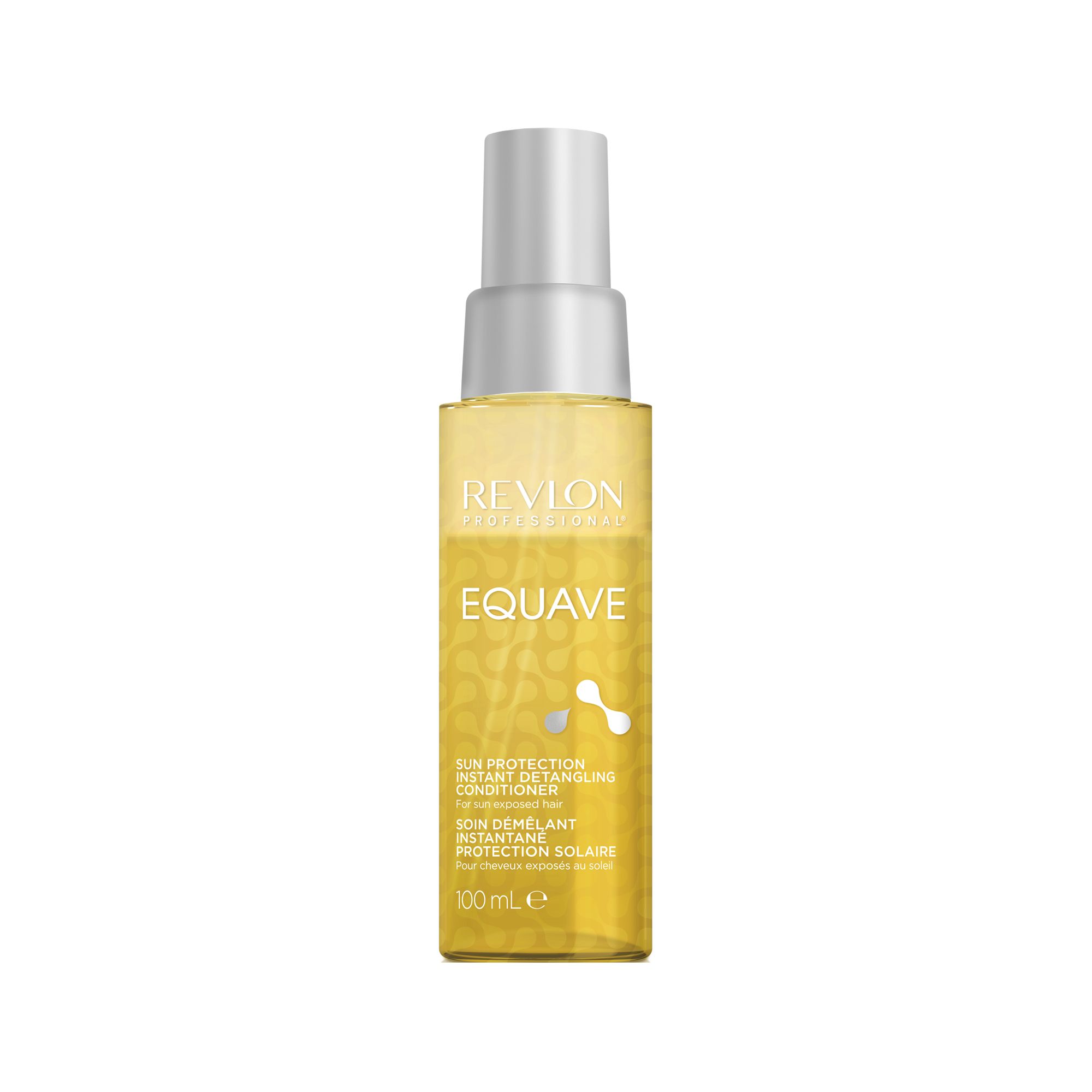 Gelbliche Flasche mit Sprühkopf. Beschriftung: Revlon Professional EQUAVE, Sun Protection Instant Detangling Conditioner. 100 ml.