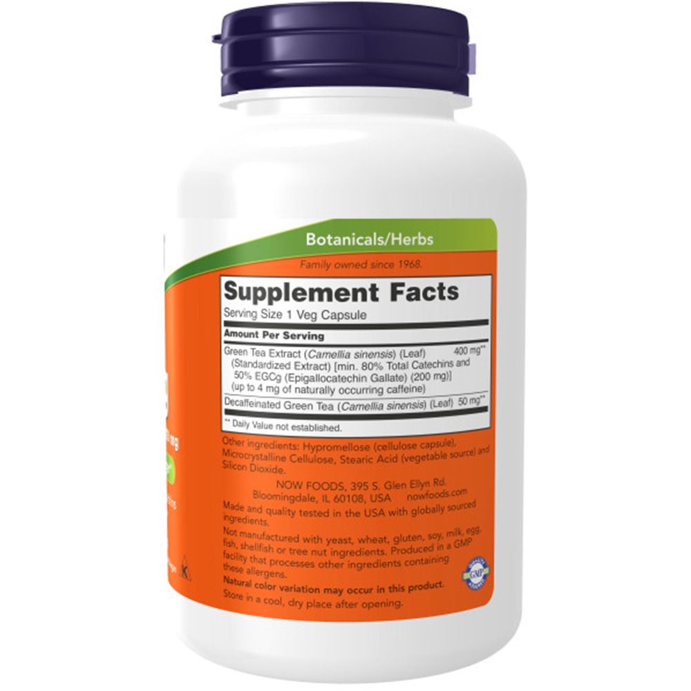 Rückseite der Flasche. Aufschrift: Supplement Facts. Inhaltsstoffe: Grüntee-Extrakt, EGCG, Catechine. Herstellerinformationen.
