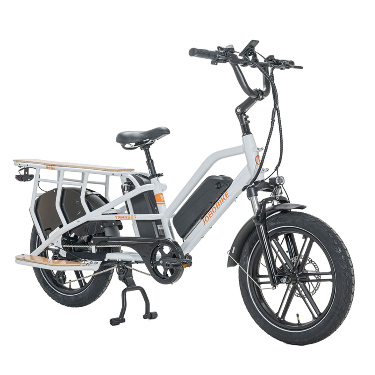 JOBOBIKE Transer Cargo Bike elettrica mit weißem Rahmen und Holzelementen.
