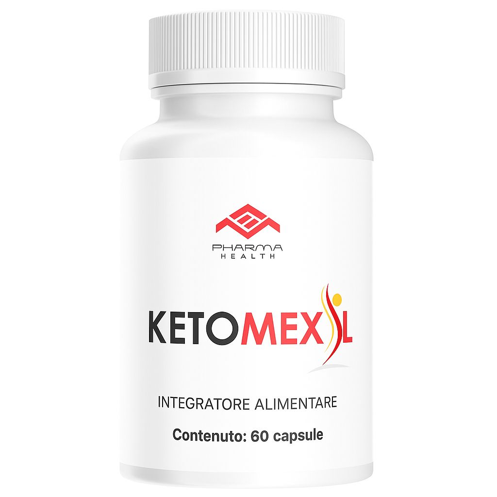 Weiße Kapsel-Dose mit rotem Design. Aufschrift: KETOMEXIL, Pharma Health. Inhalt: 60 Kapseln. Integratore alimentare.