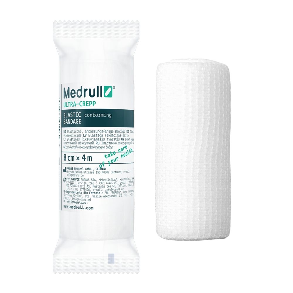 Medrull Ultra-Crepp elastisches Verbandtuch, 8 cm x 4 m, weiß.