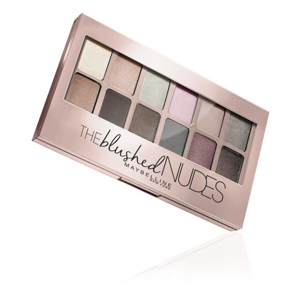 Lidschatten-Palette mit 12 Farbtönen. Rosa-goldene Verpackung. Aufschrift: THE blushed NUDES, MAYBELLINE NEW YORK.