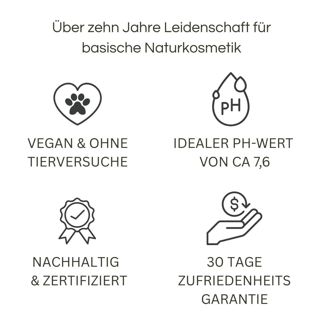 Vier Icons: Vegan & ohne Tierversuche, idealer pH-Wert, nachhaltig & zertifiziert, 30 Tage Zufriedenheitsgarantie.