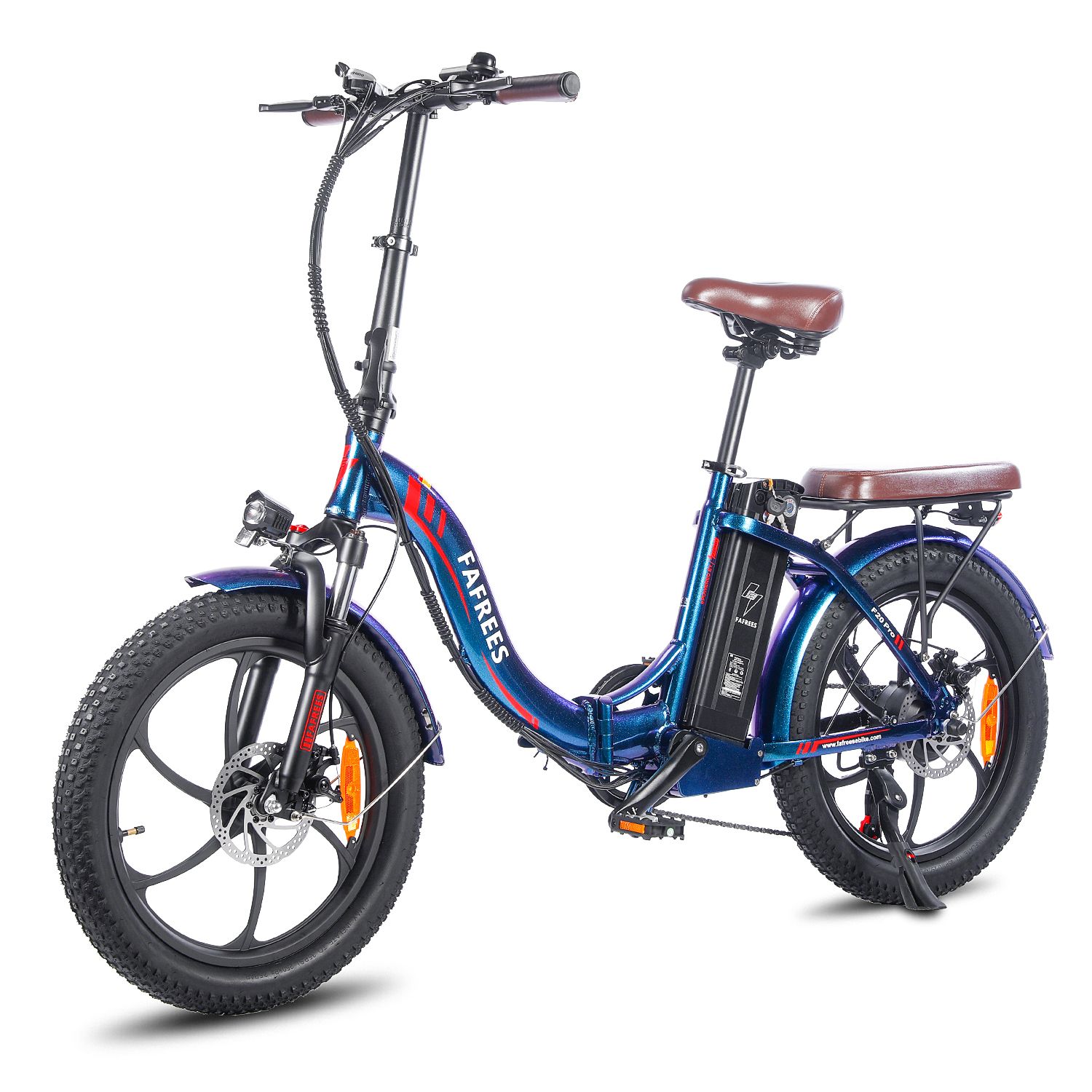 Blaues Fafrees F20 Pro E-Bike mit braunem Sattel und Gepäckträger. Schwarze Reifen und Felgen. Akku am Rahmen.