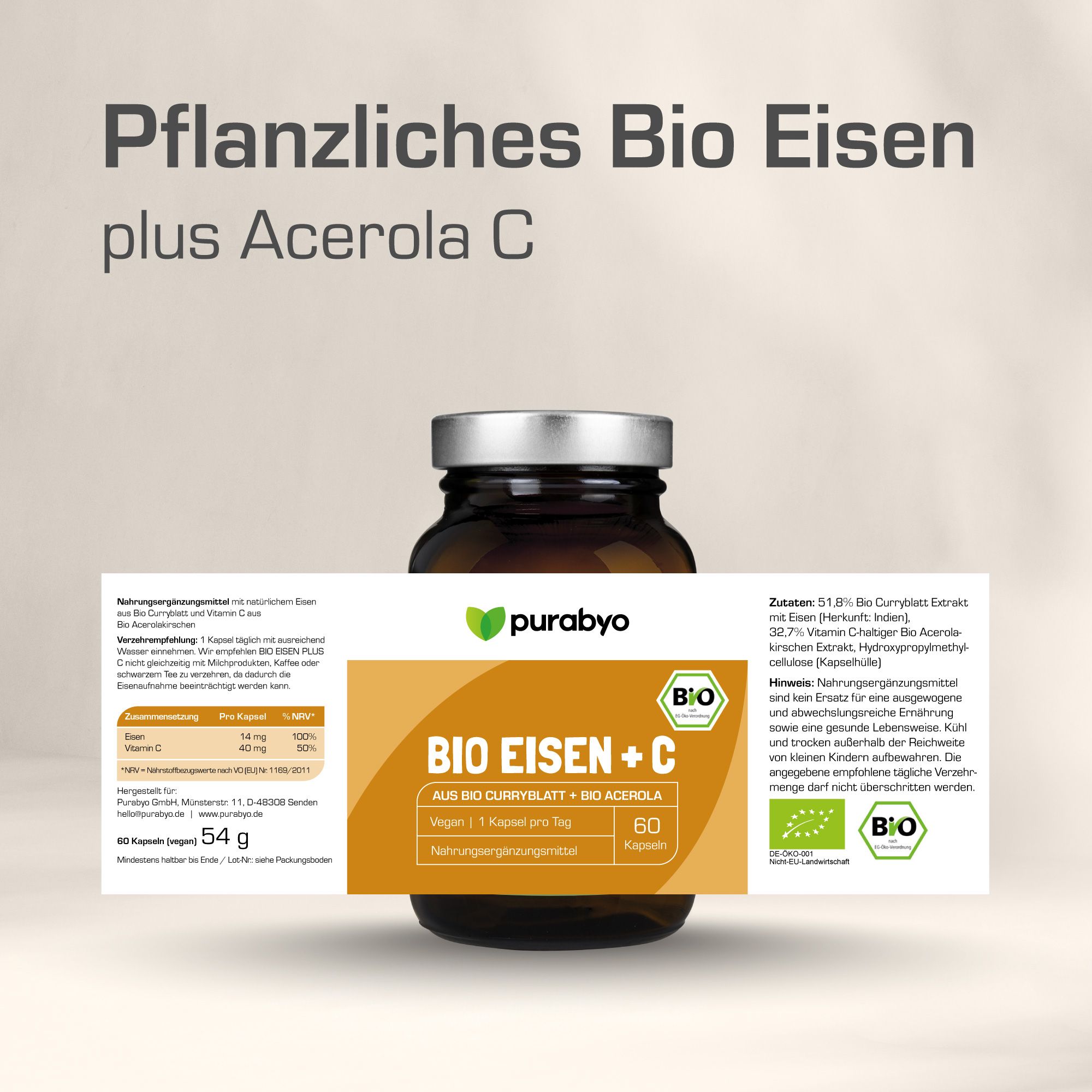 Flasche 'BIO EISEN + C' mit Etikett. Angaben zu Inhaltsstoffen und Nährwerten. 54 g.