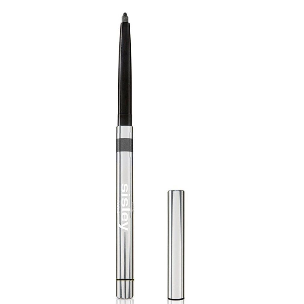 Silberfarbener Eyeliner mit schwarzer Mine und Kappe. Der Name Sisley ist auf dem Stift aufgedruckt. Die Kappe ist abgenommen.