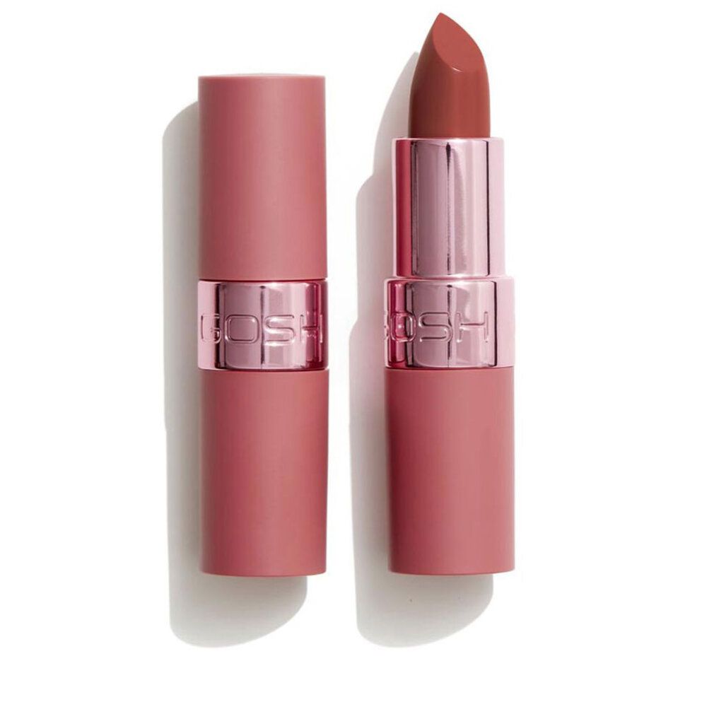 Zwei Lippenstifte, rosa Hülse, geöffnet und geschlossen. Metallring mit GOSH-Logo. Lippenstiftfarbe: Rosé.