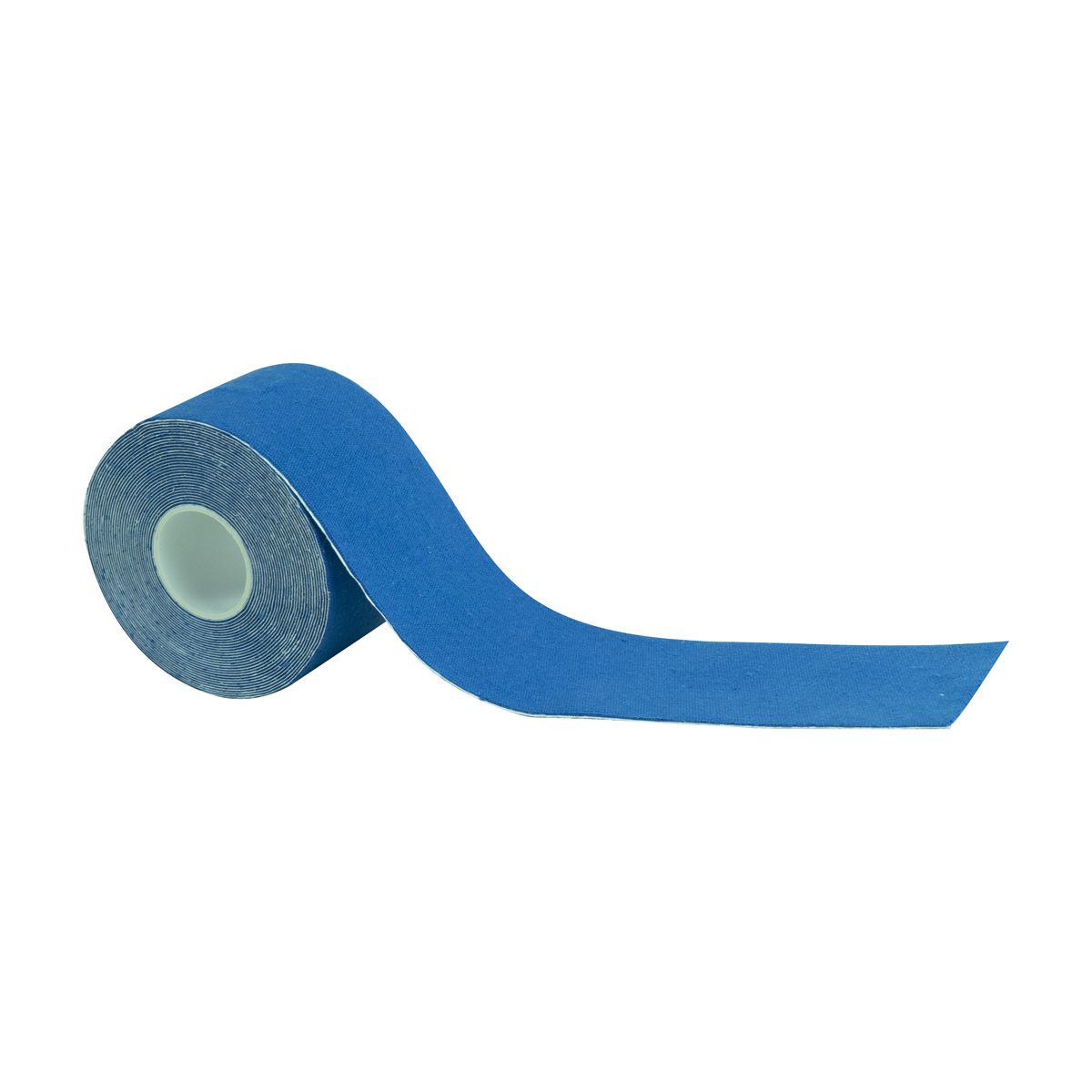 Blaues Kinesiologie-Tape, aufgerollt. Baumwolle. Kern aus Pappe. Bandende abgewinkelt.
