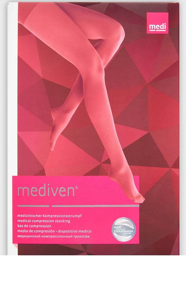 Verpackung von medi mediven. Rosa Hintergrund mit Strumpfhose-Illustration. Rosa Rechteck mit Logo und Text.