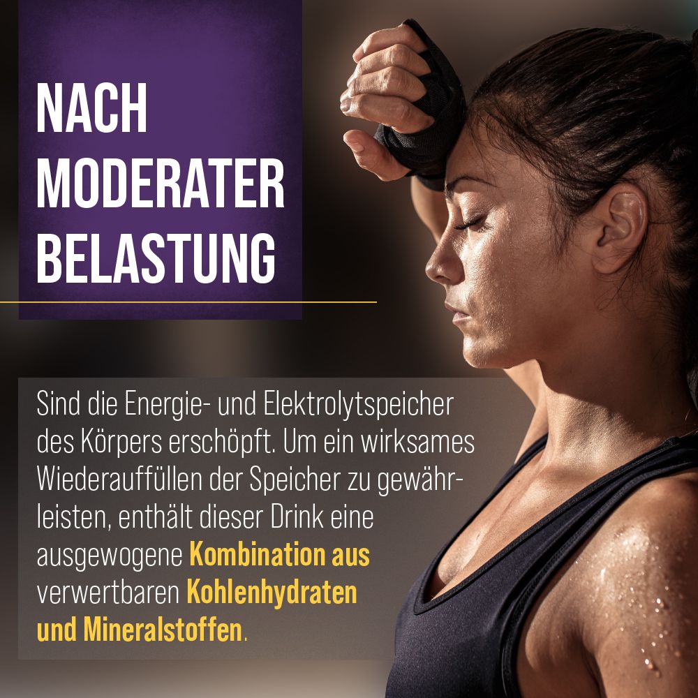 Frau mit verschwitztem Gesicht. Text: Nach moderater Belastung. Enthält eine Kombination aus Kohlenhydraten und Mineralstoffen.
