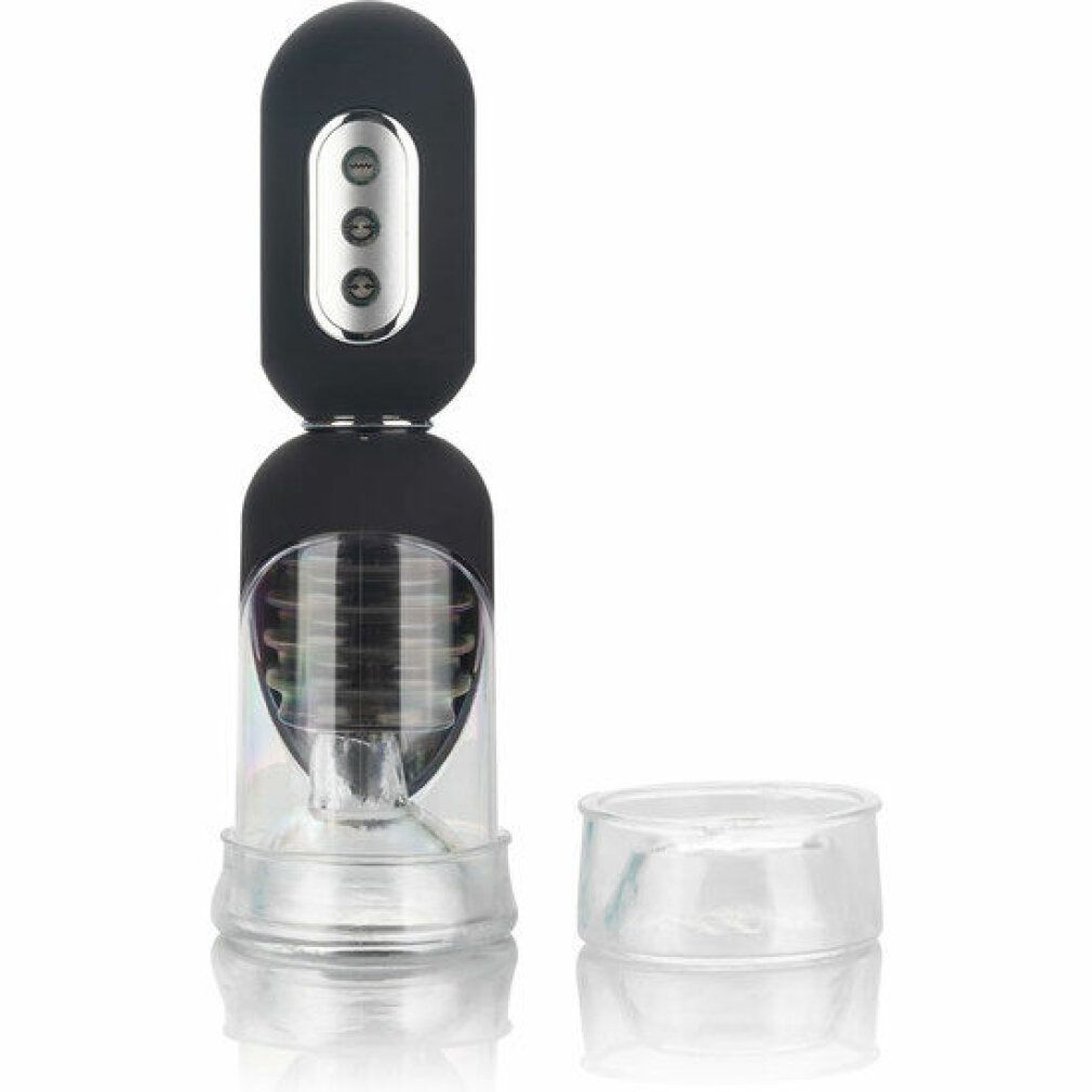 Vakuumpumpe mit Vibrationsfunktion. Schwarzes Oberteil mit Knöpfen, transparentem Zylinder und abnehmbarem Teil.