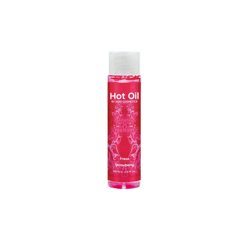 Rote Flasche mit weißem Deckel. Aufschrift: Hot Oil, NUEI cosmetics, Fresa Strawberry. 100 ml.