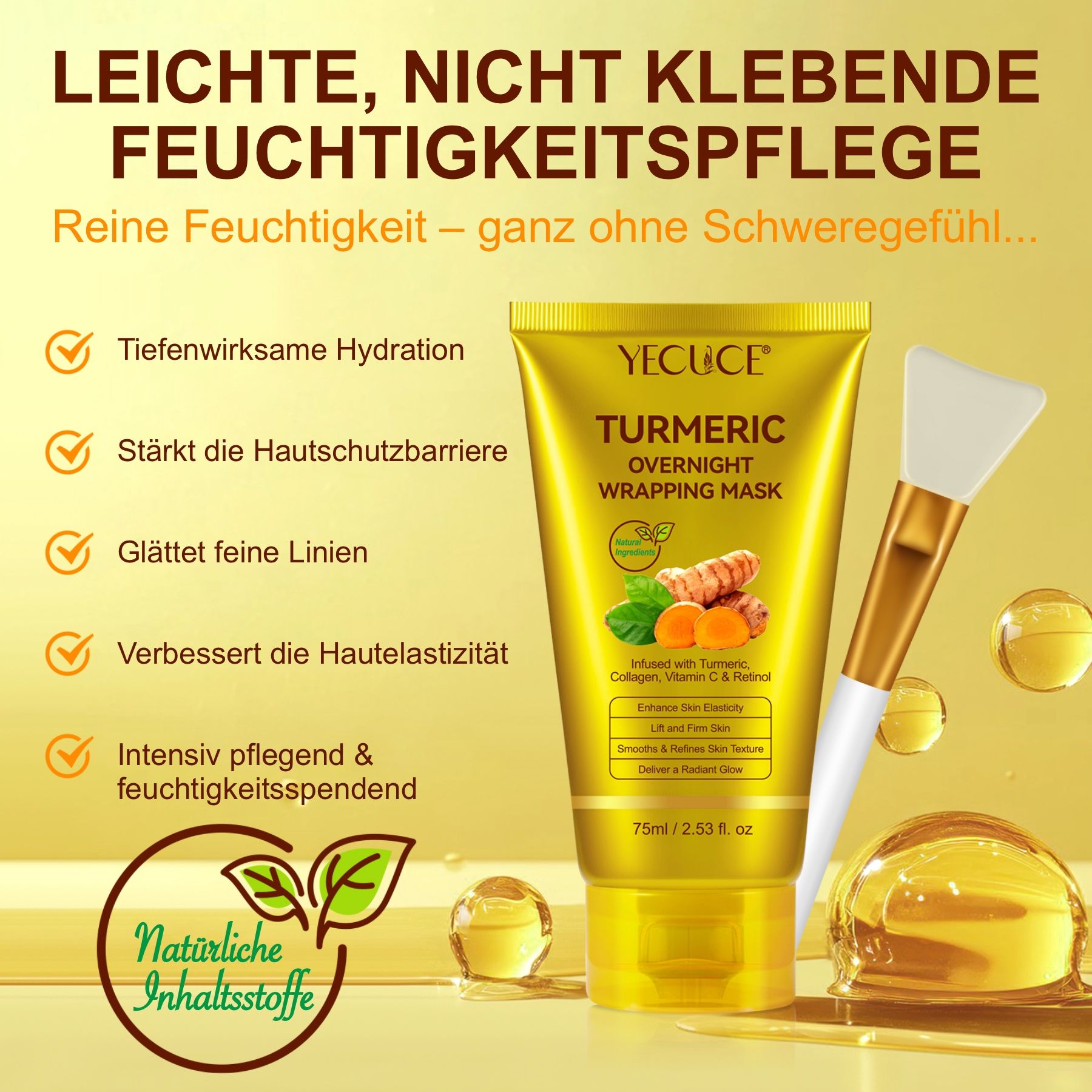 Gelbe Tube mit 'Turmeric Overnight Wrapping Mask' und Pinsel.