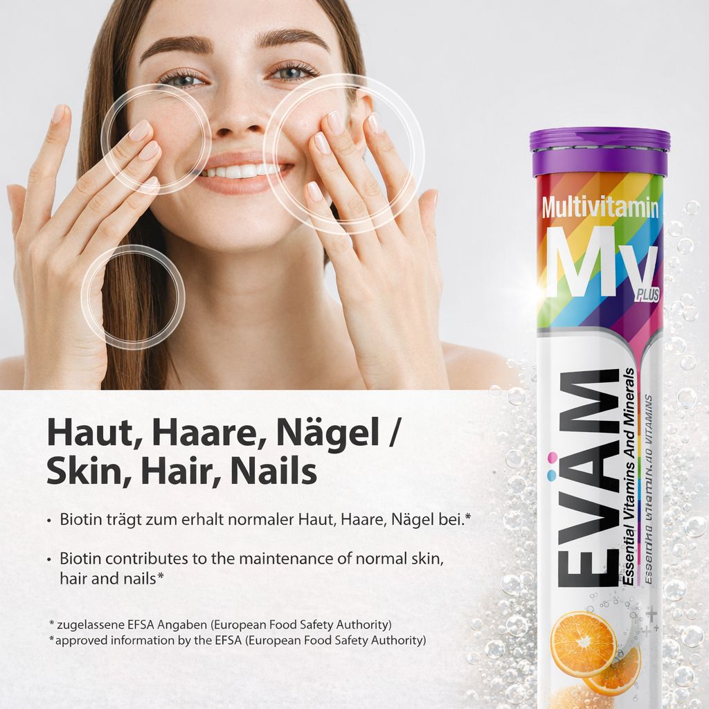 Eine Person berührt ihr Gesicht. Daneben eine Tube EVÄM Multivitamin Brausetabletten. Text: Haut, Haare, Nägel / Skin, Hair, Nails.