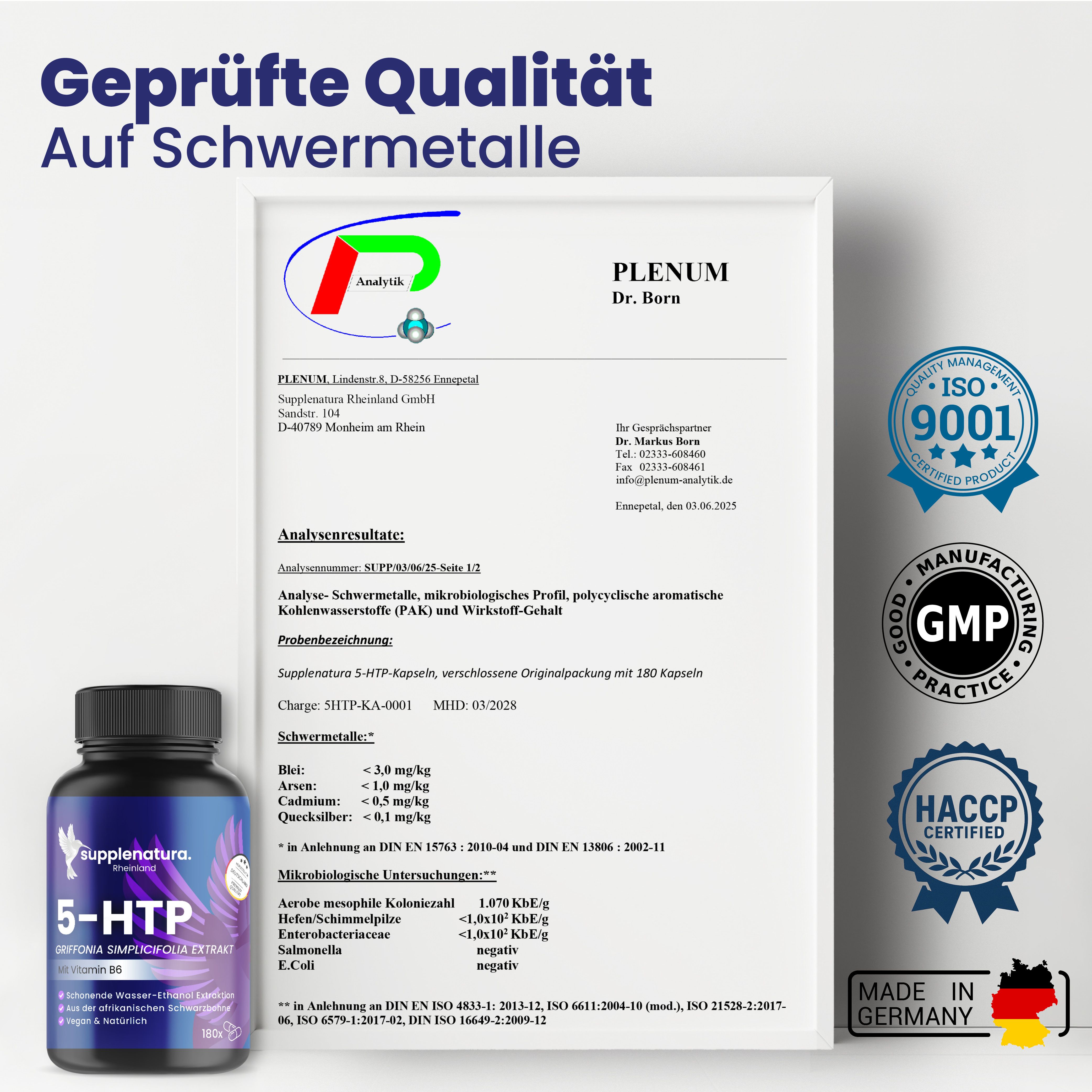 Zertifikat mit Analyseergebnissen. Flasche supplenatura Rheinland® 5-HTP mit Vitamin B6 daneben. GMP- und HACCP-Siegel.