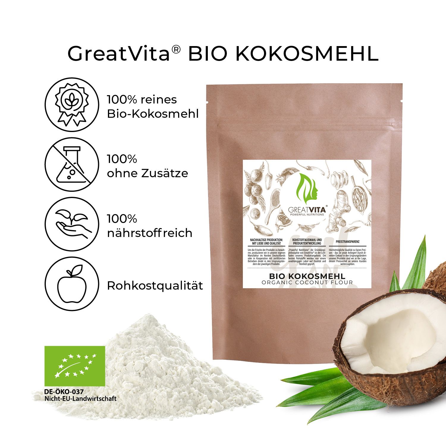 Braune Tüte mit GreatVita Bio Kokosmehl, Kokosnuss, Kokosmehlhaufen, Bio-Siegel. Text: 100% reines Bio-Kokosmehl, ohne Zusätze, nährstoffreich, Rohkostqualität.