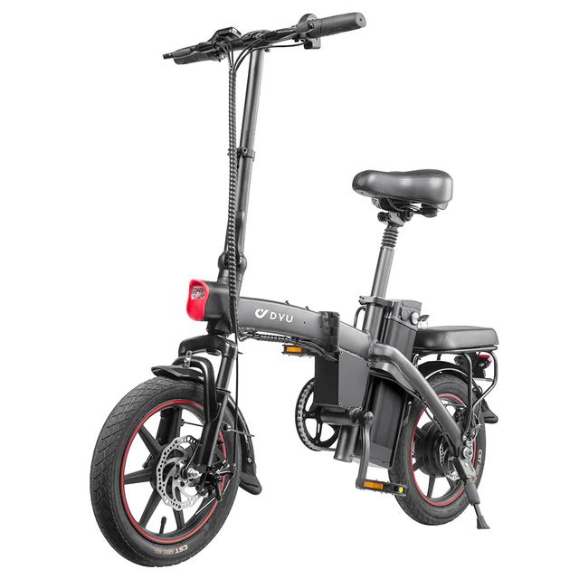 Schwarzes, faltbares E-Bike. Sichtbar: Lenker, Sattel, Pedale, DYU-Logo, roter Scheinwerfer.