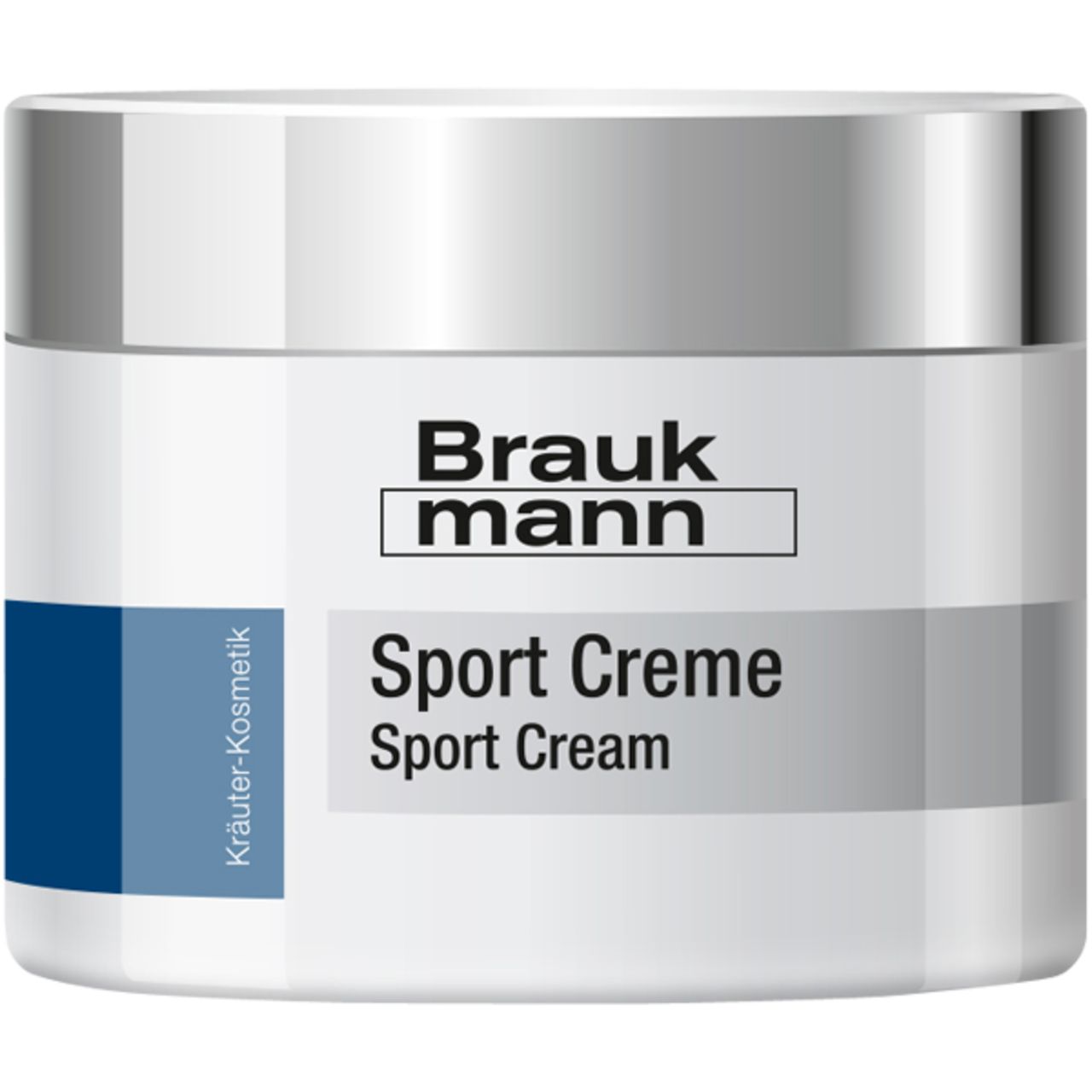Creme-Tiegel mit silbernem Deckel. Aufschrift: Braukmann, Sport Creme, Sport Cream. Blaue und graue Akzente.