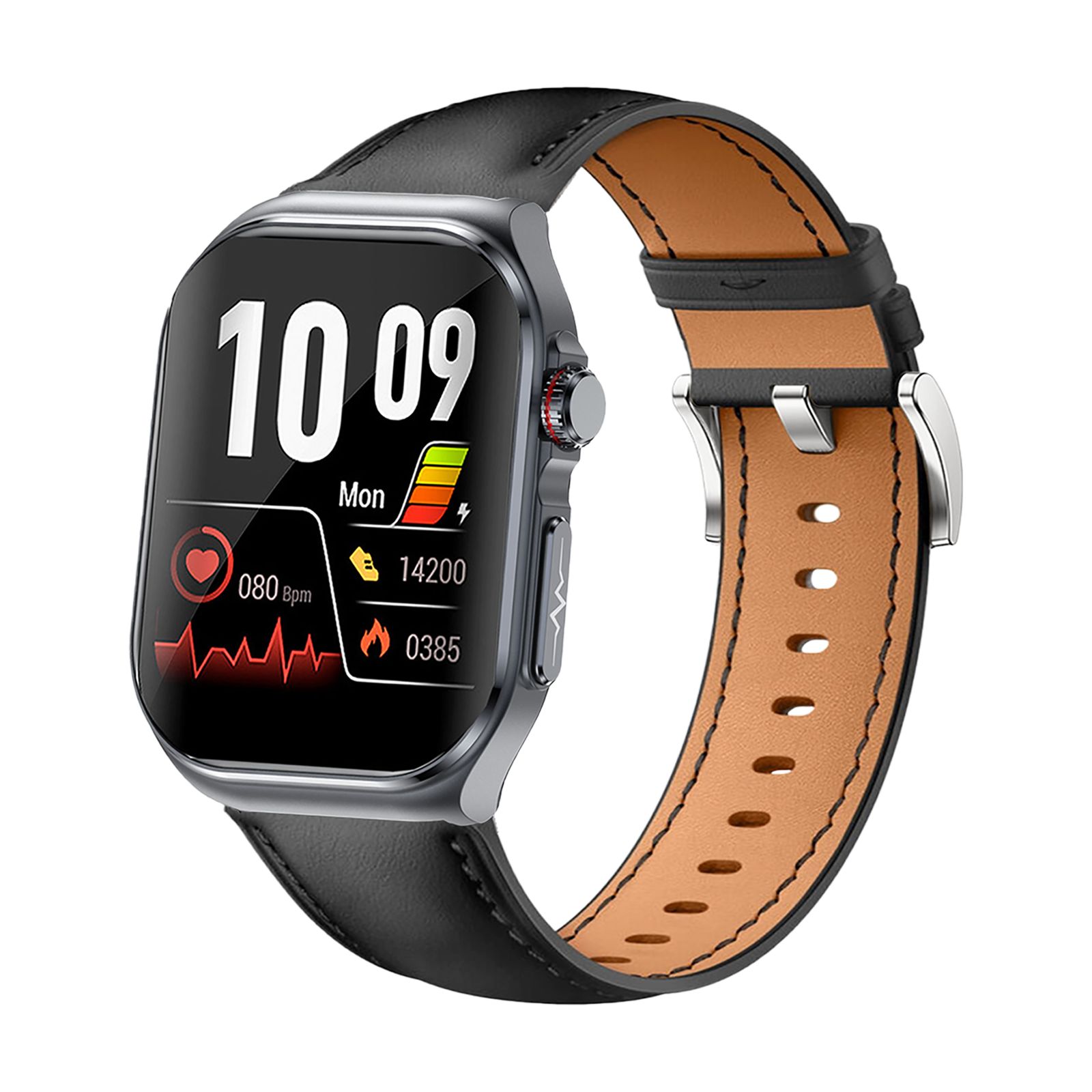 Smartwatch mit schwarzem Lederarmband. Anzeige mit Uhrzeit, Herzfrequenz, Akkustand und Aktivitätsdaten. Metallgehäuse.