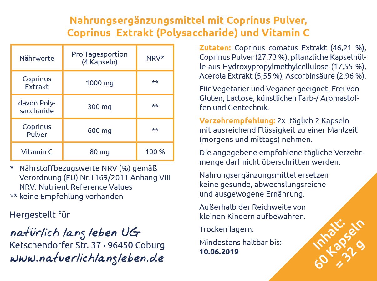 natürlich lang leben Coprinus Extrakt + Pulver Kapseln 32 g