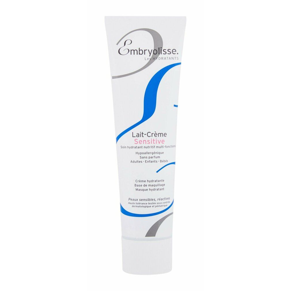 Weiße Tube mit blauer und grauer Grafik. Aufschrift: Embryolisse Lait-Crème Sensitive. Text in Französisch.