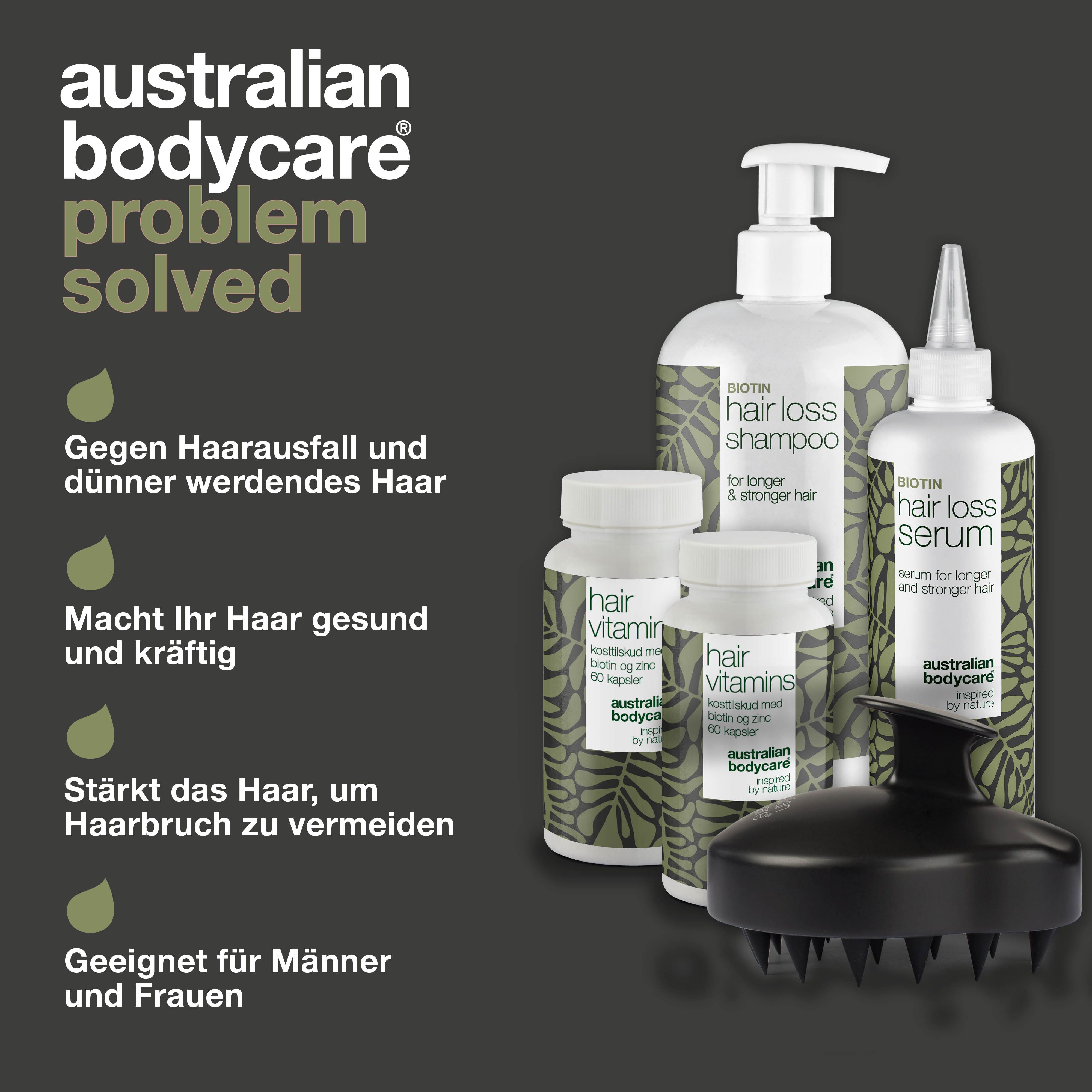 Produkte auf schwarzem Hintergrund. Shampoo, Serum, Kapseln, Bürste. Text: Gegen Haarausfall und dünner werdendes Haar.
