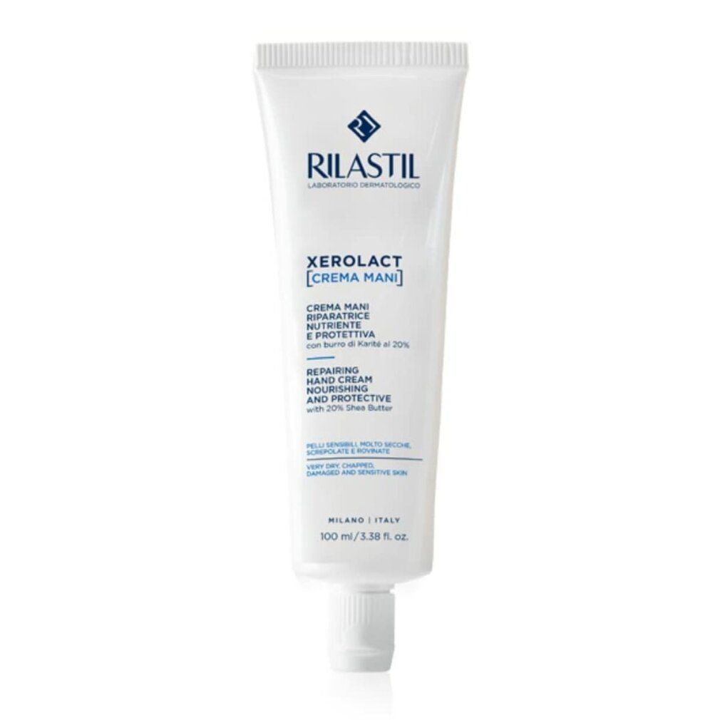 Weiße Tube Rilastil Xerolact Crema Mani. Text: Reparierende Handcreme mit Sheabutter. 100ml.