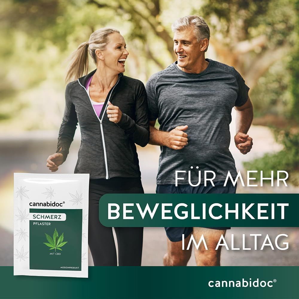 Paar joggt. Packung Cannabidoc Schmerzpflaster. Text: Für mehr Beweglichkeit im Alltag.