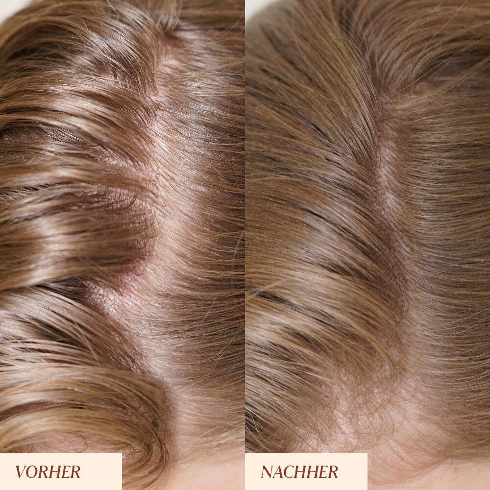 Nahaufnahme von Haaren. Links: Vorher. Rechts: Nachher. Haare sind heller und voluminöser.