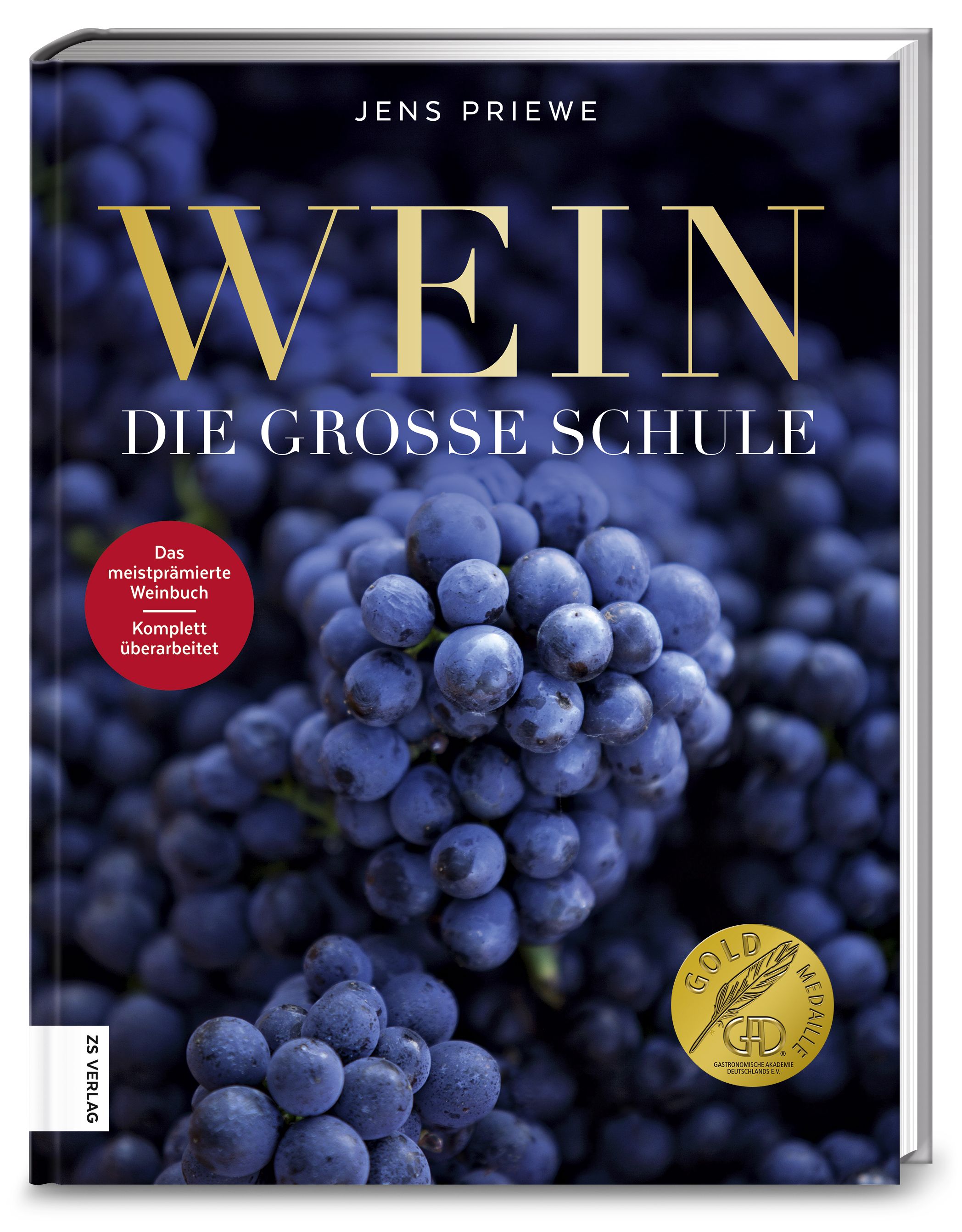 Buchcover mit Trauben und Titel "WEIN". Autor: Jens Priewe. Auszeichnung "Gold Medaille". Komplett überarbeitete Ausgabe.