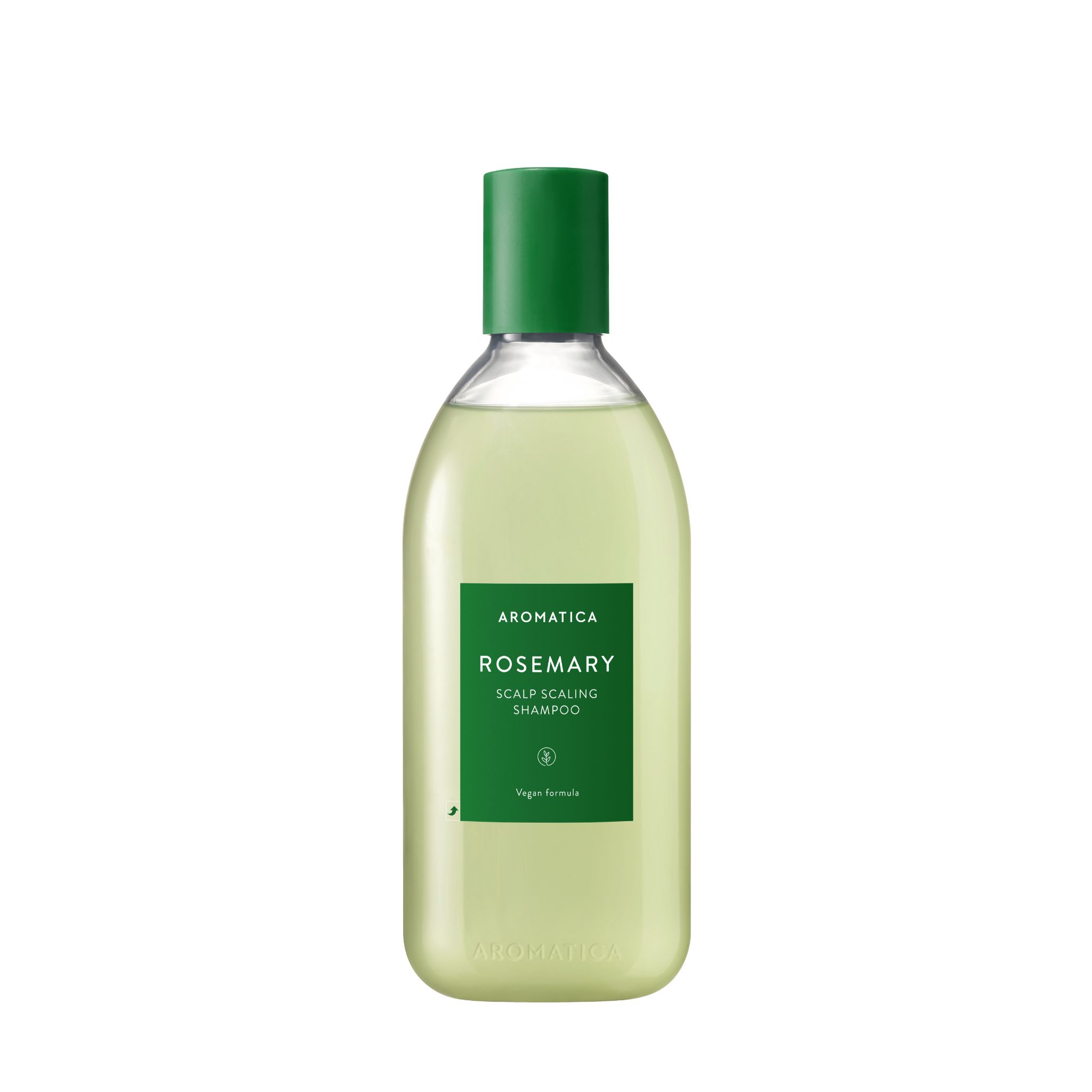 Flasche mit grünem Etikett und Deckel, die Rosemary Scalp Scaling Shampoo von AROMATICA enthält.