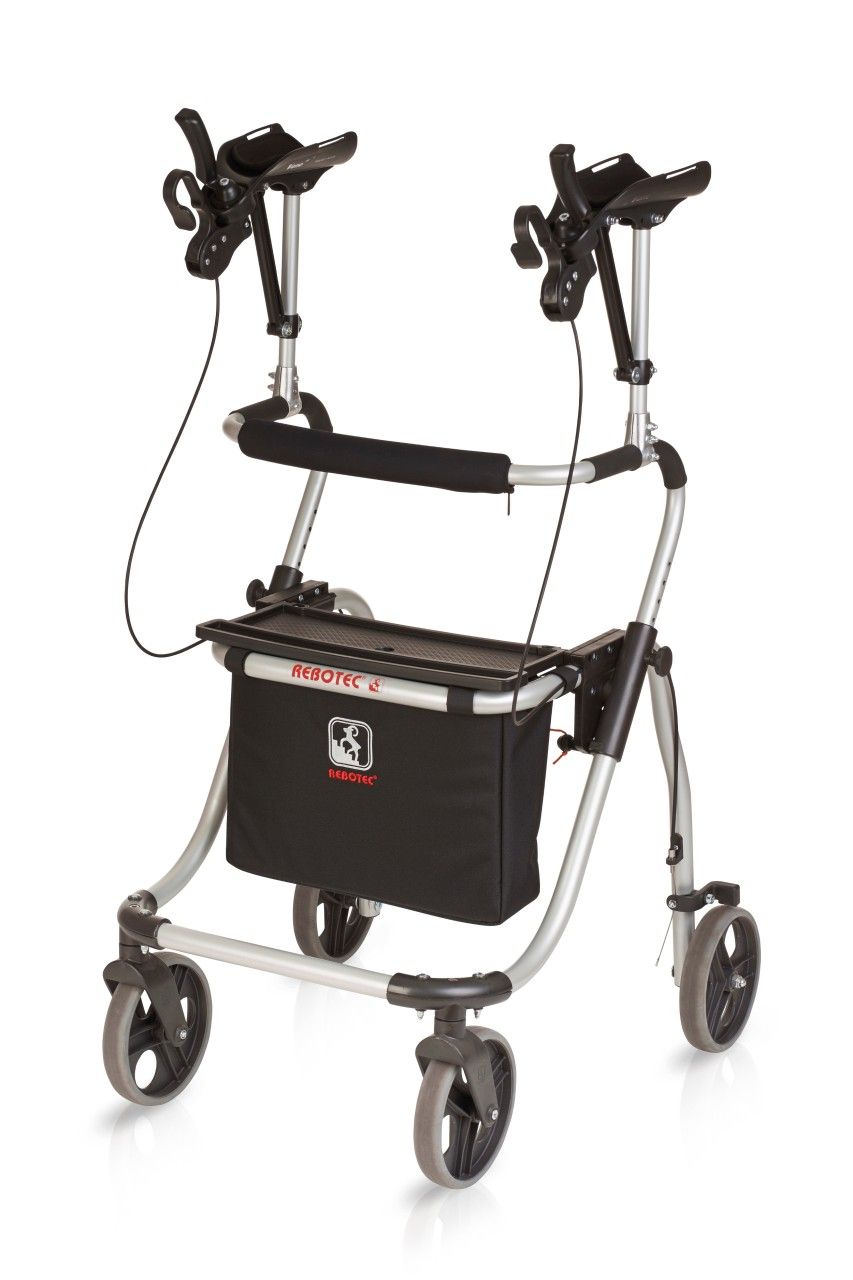 Arthritis-Rollator Rebotec Polo Yano M. Silberfarbenes Gestell, schwarze Tasche mit Tablett. Vier Räder, Handgriffe mit Bremsen.