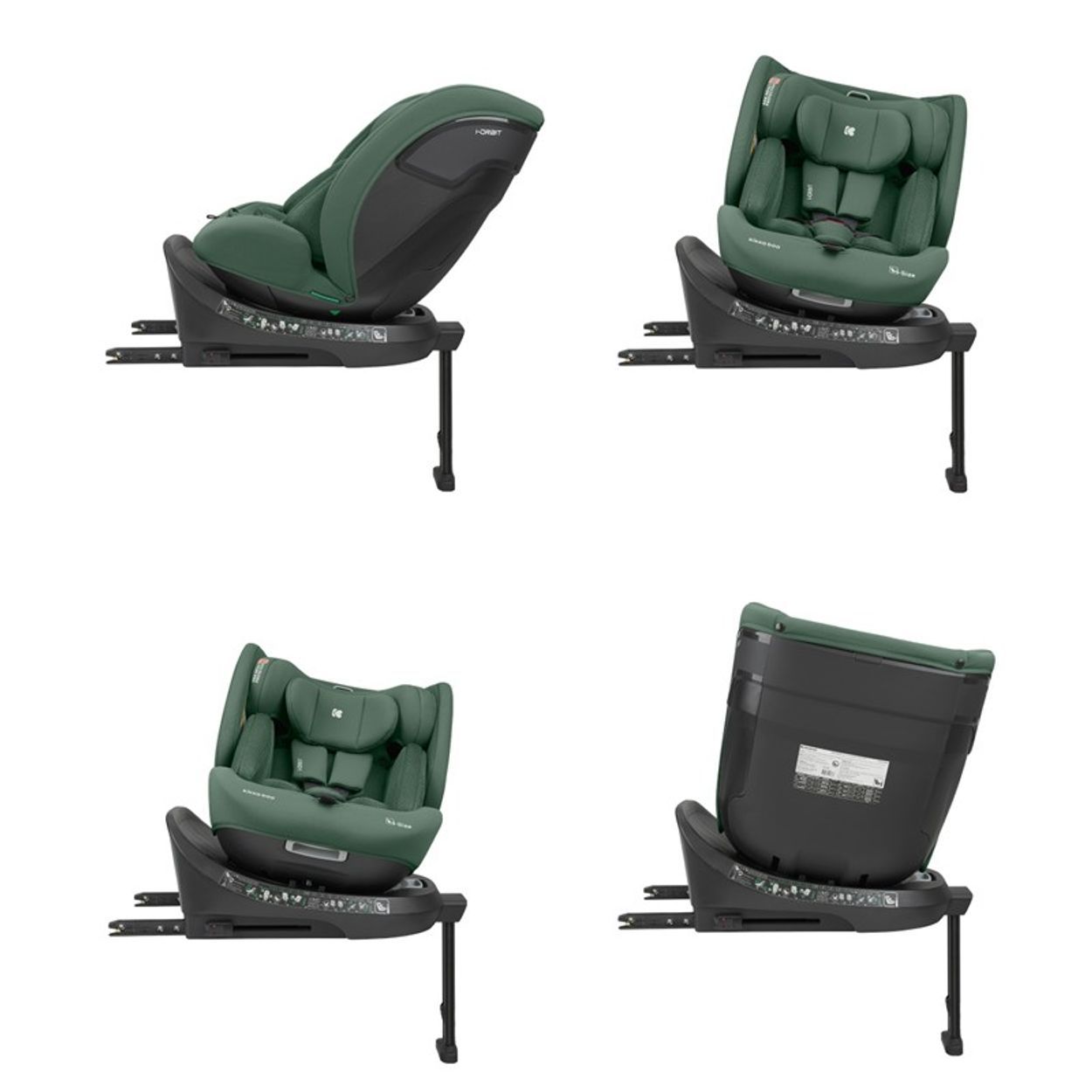Vier Ansichten eines grünen Kindersitzes mit schwarzem Sockel und ISOFIX-Befestigung.