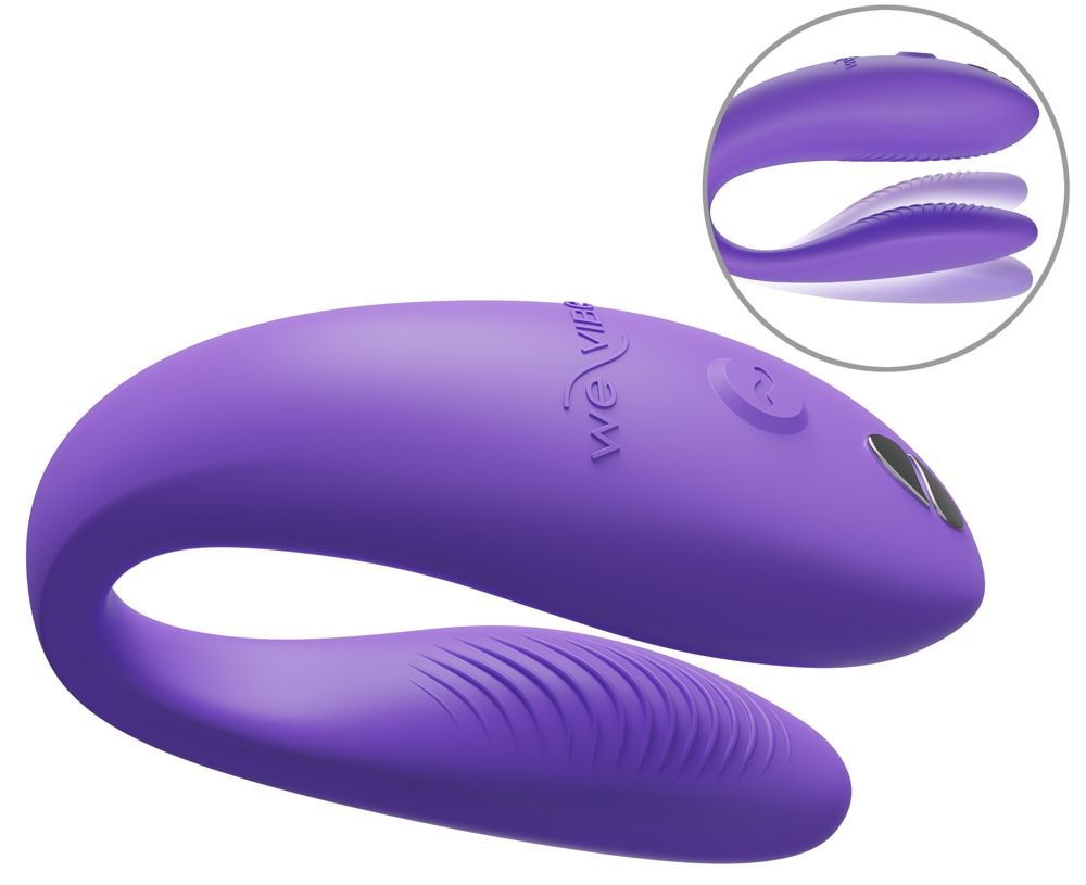 Lila Wellness-Produkt in U-Form. Oberflächen mit Rillen. Zwei Knöpfe. We-Vibe Logo.