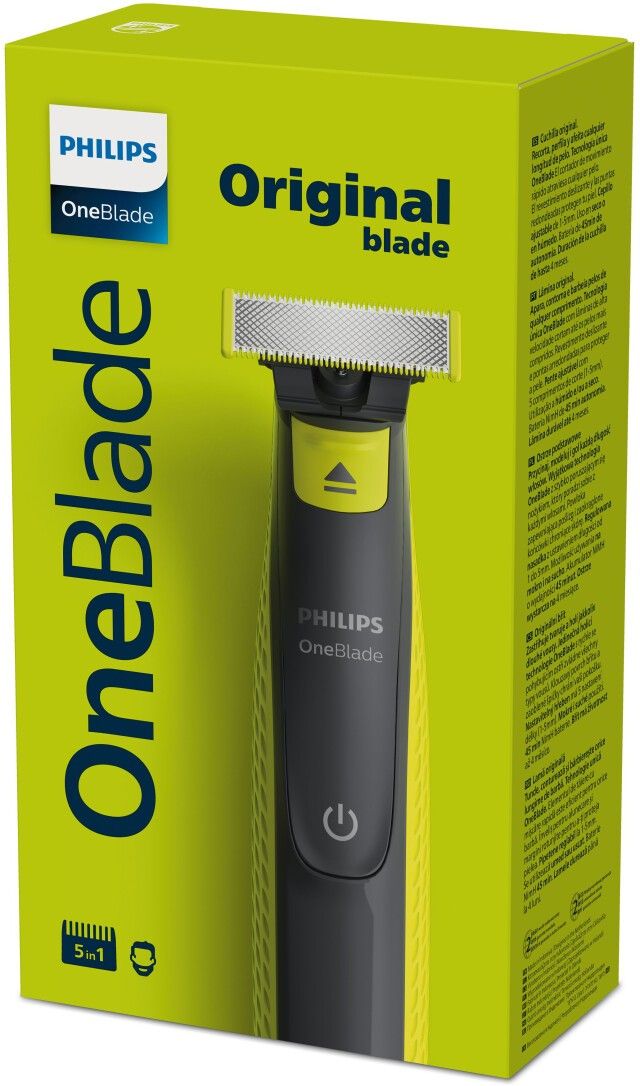 Rasierer in grüner Verpackung. Marke: Philips OneBlade. Auf der Verpackung steht "Original blade".
