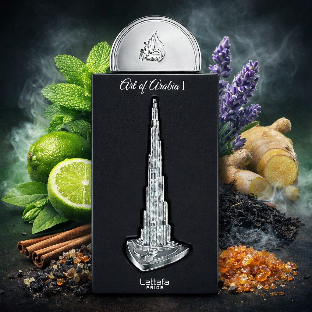 Schwarze Parfümverpackung mit silbernem Burj Khalifa-Modell. Umgeben von Minze, Limetten, Lavendel, Ingwer und Zimt.
