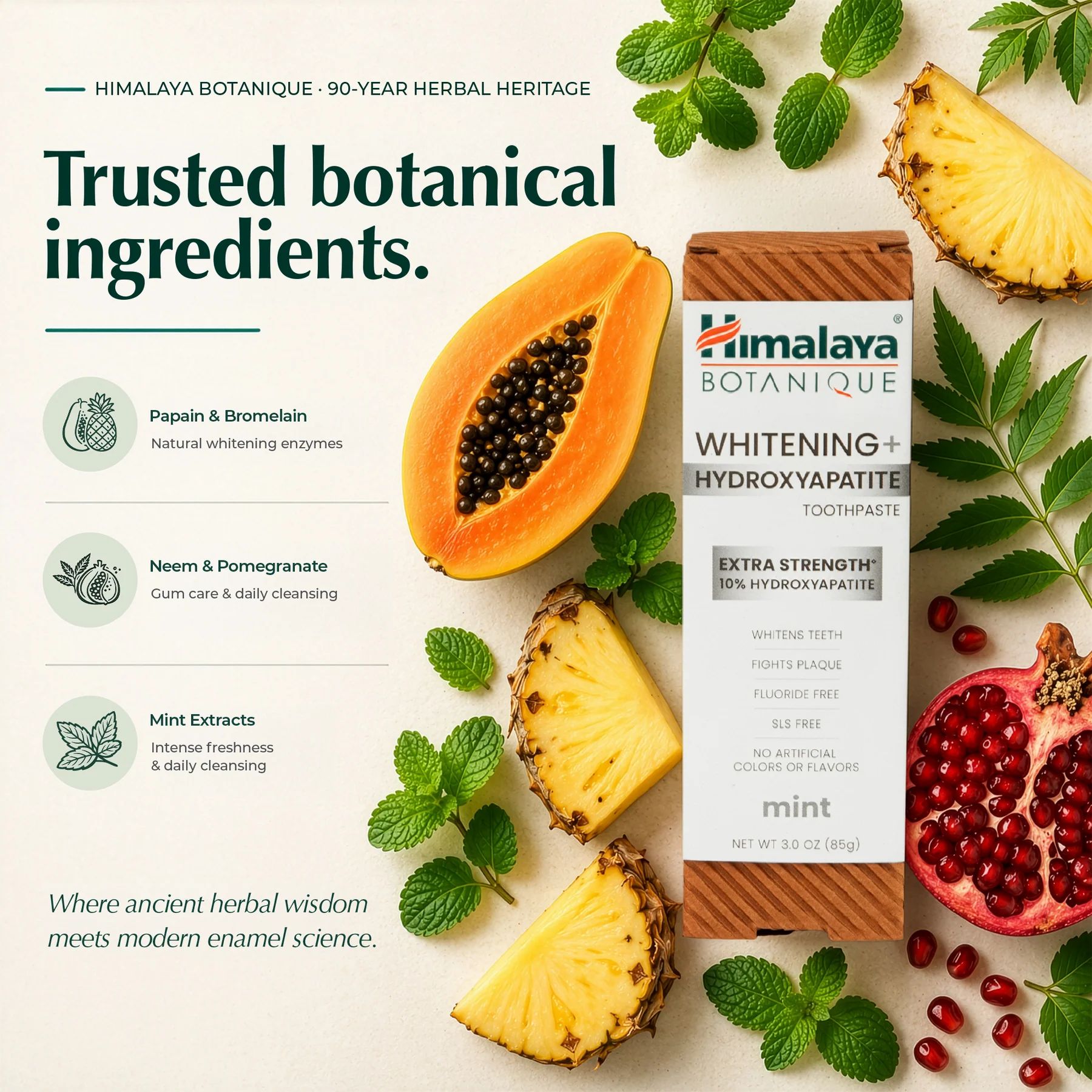 Zahnpasta-Tube und Karton Himalaya Botanique Whitening + Hydroxylapatit. Mit Papaya, Ananas, Granatapfel und Minze.