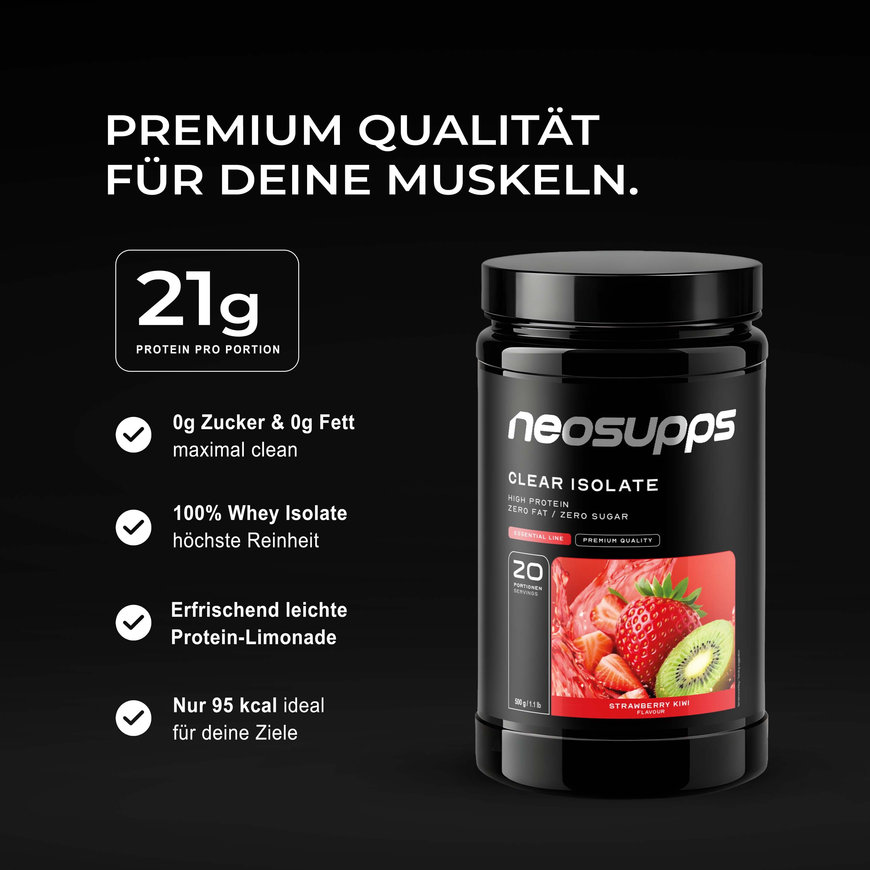 Neosupps Clear Whey Isolat Protein Pulver Strawberry Kiwi, 500g,  zuckerfrei, Abnehmen, Muskelaufbau