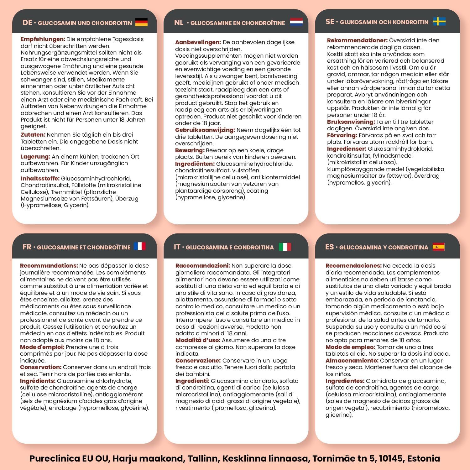Mehrsprachige Texttafel mit Informationen zu Glucosamin und Chondroitin. Enthält de, fr, it, nl und weitere Sprachen.