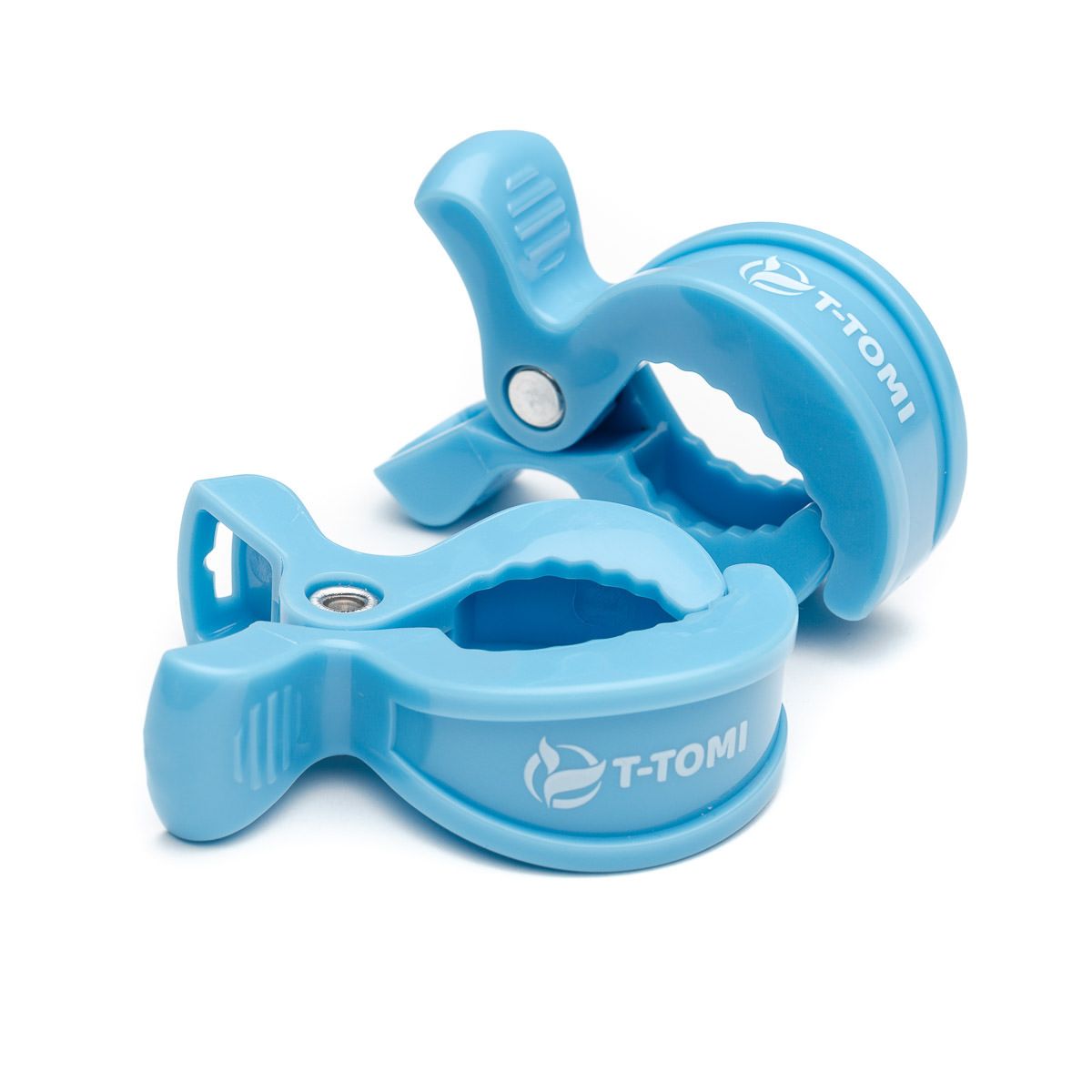 Zwei blaue T-TOMI Clips mit Logo, auf weißem Hintergrund.