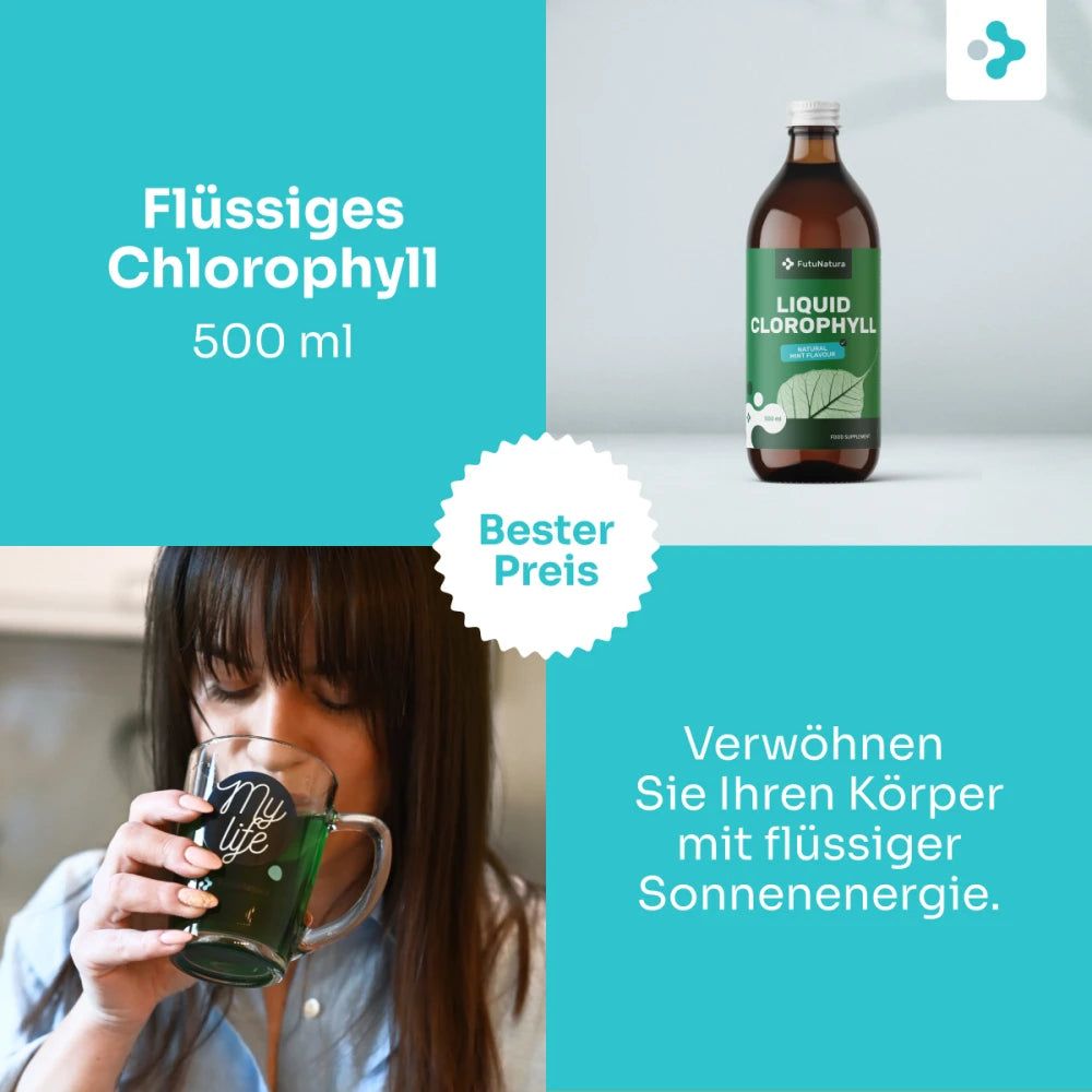 Flasche und Karton mit flüssigem Chlorophyll (500 ml) von FutuNatura.